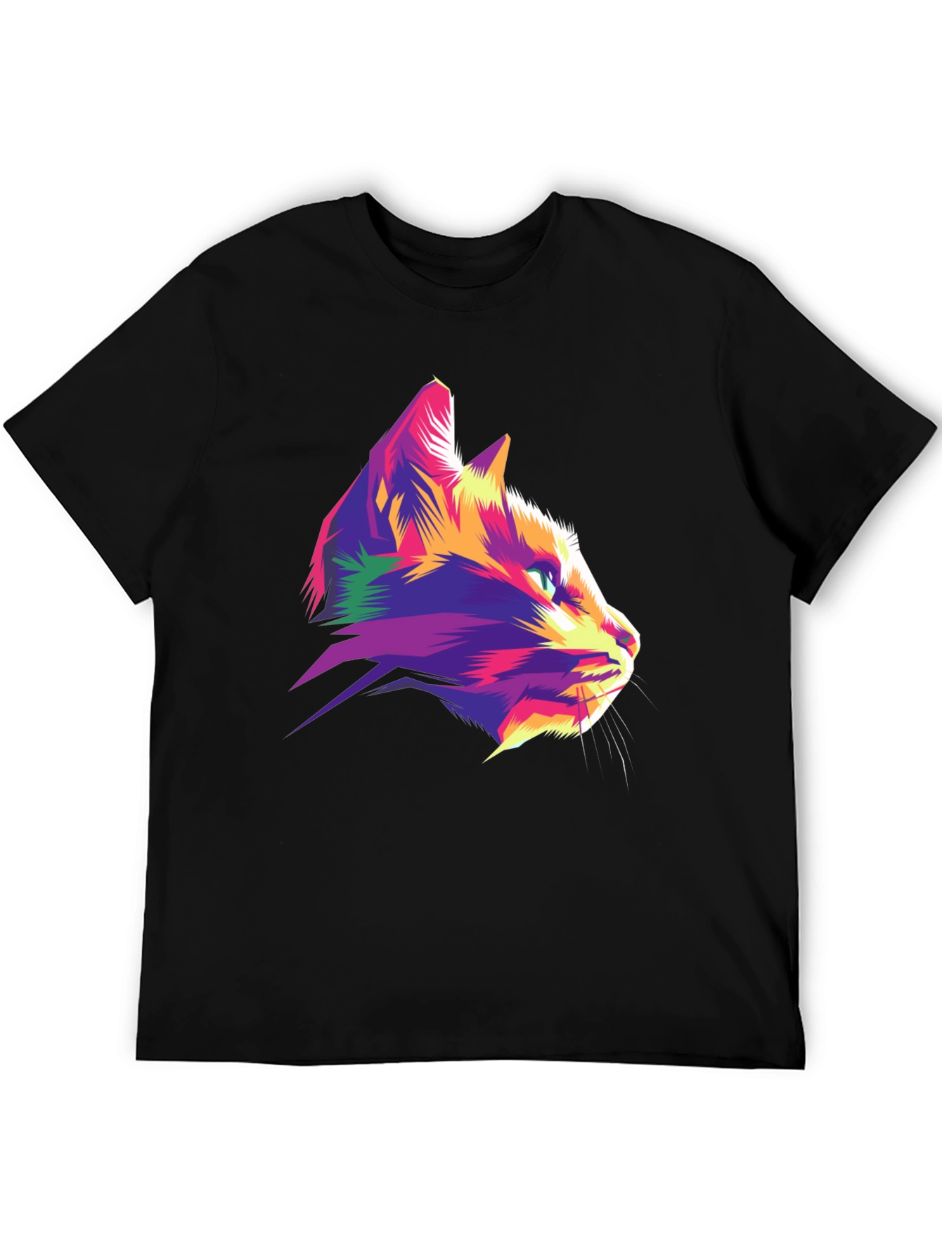 Vibrant Cat Graphic Tee - Stylish Mens Black T-Shirt
