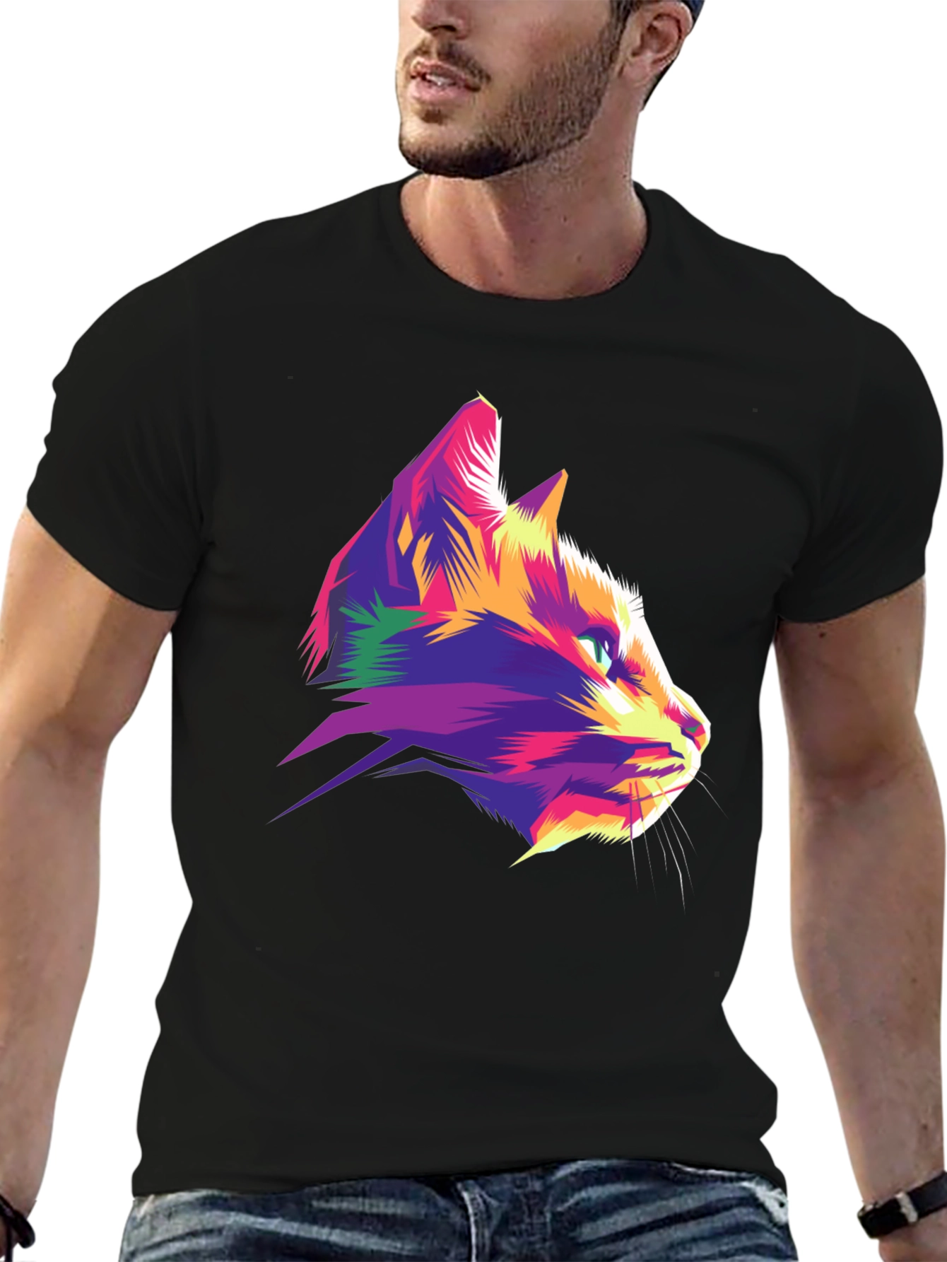 Vibrant Cat Graphic Tee - Stylish Mens Black T-Shirt