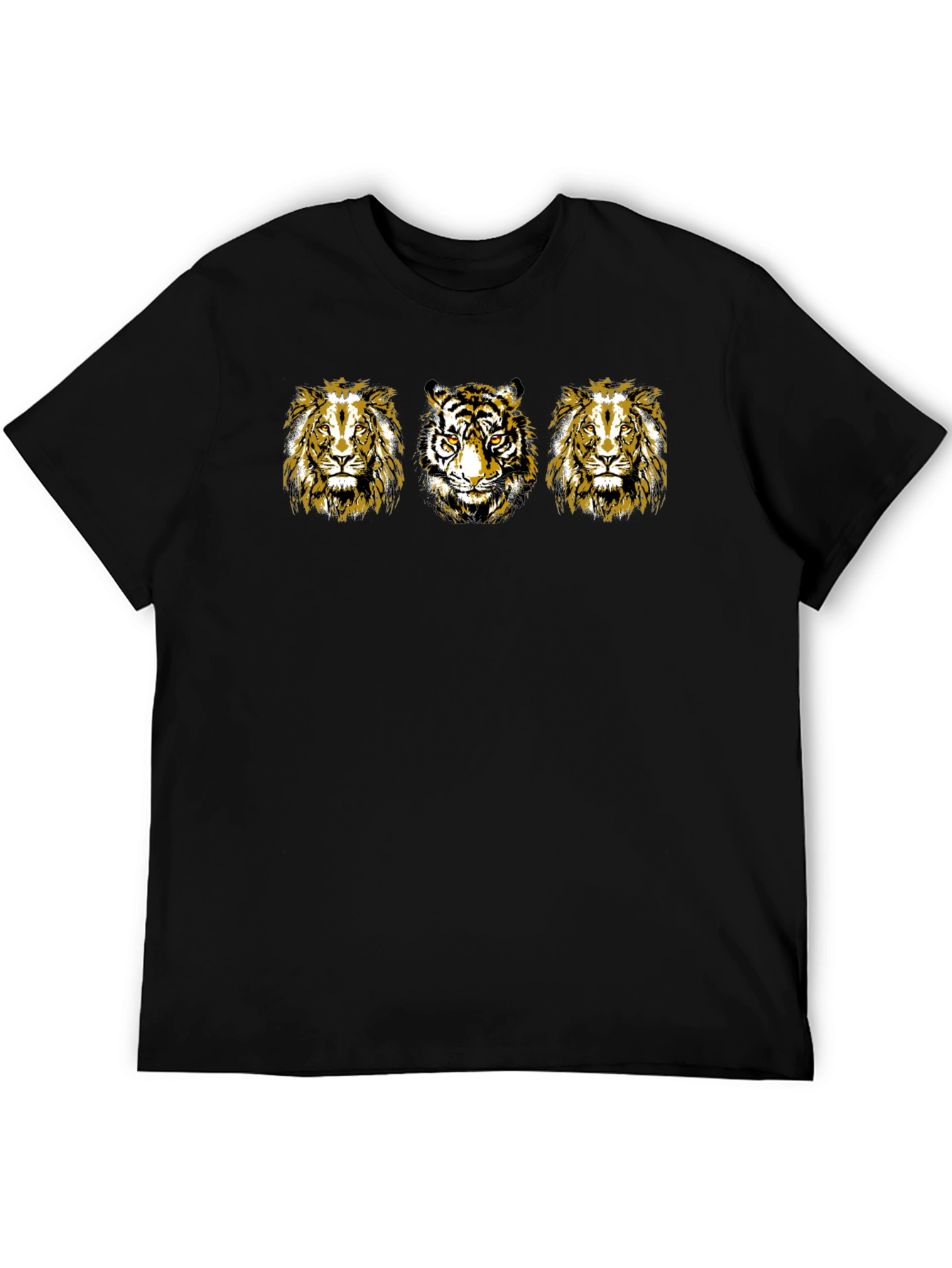 Mens Black T-Shirt with Lion and Tiger Graphic