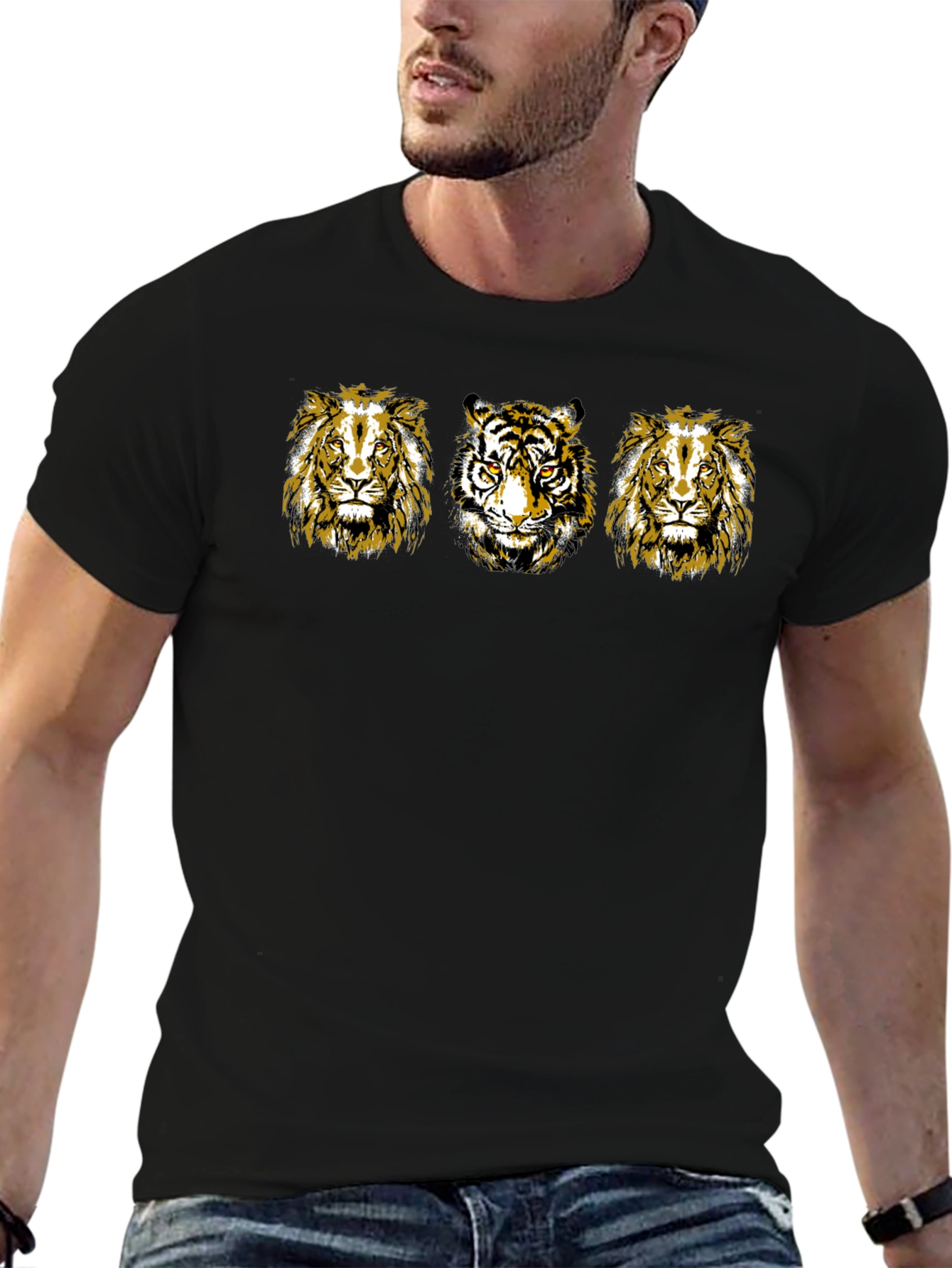 Mens Black T-Shirt with Lion and Tiger Graphic