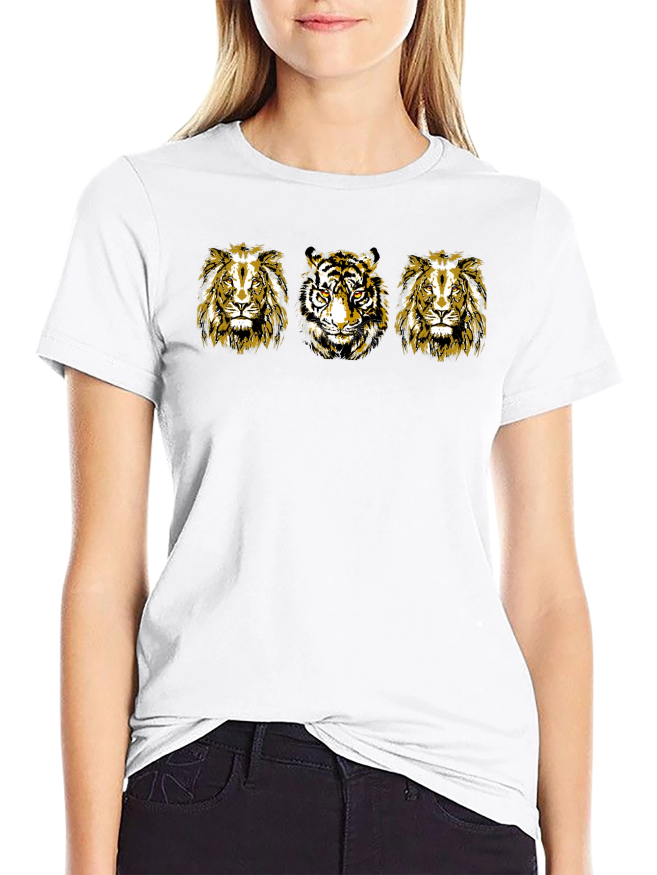 Mens Black T-Shirt with Lion and Tiger Graphic