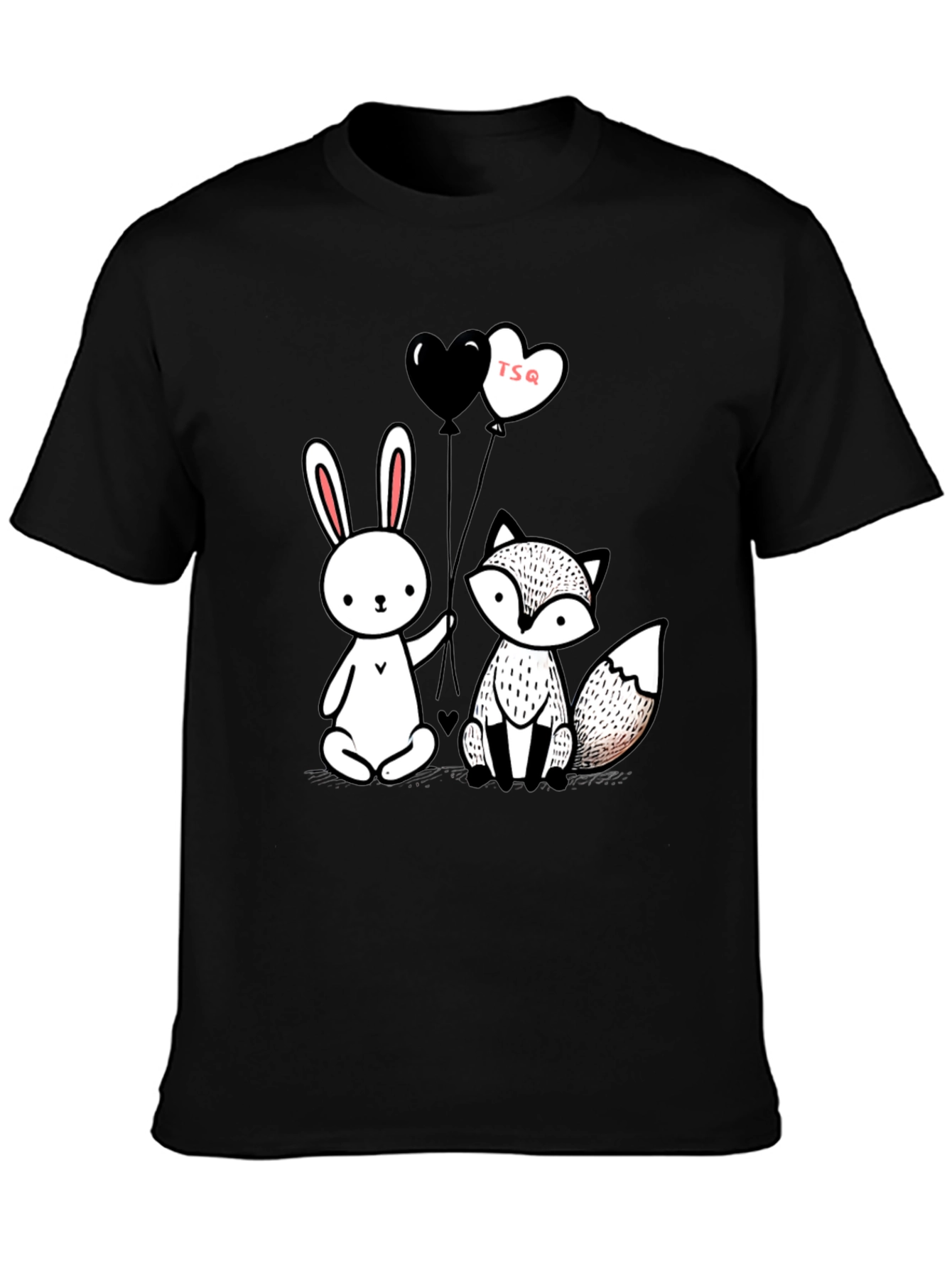 Cute Fox & Rabbit Graphic Tee - Heart Balloons