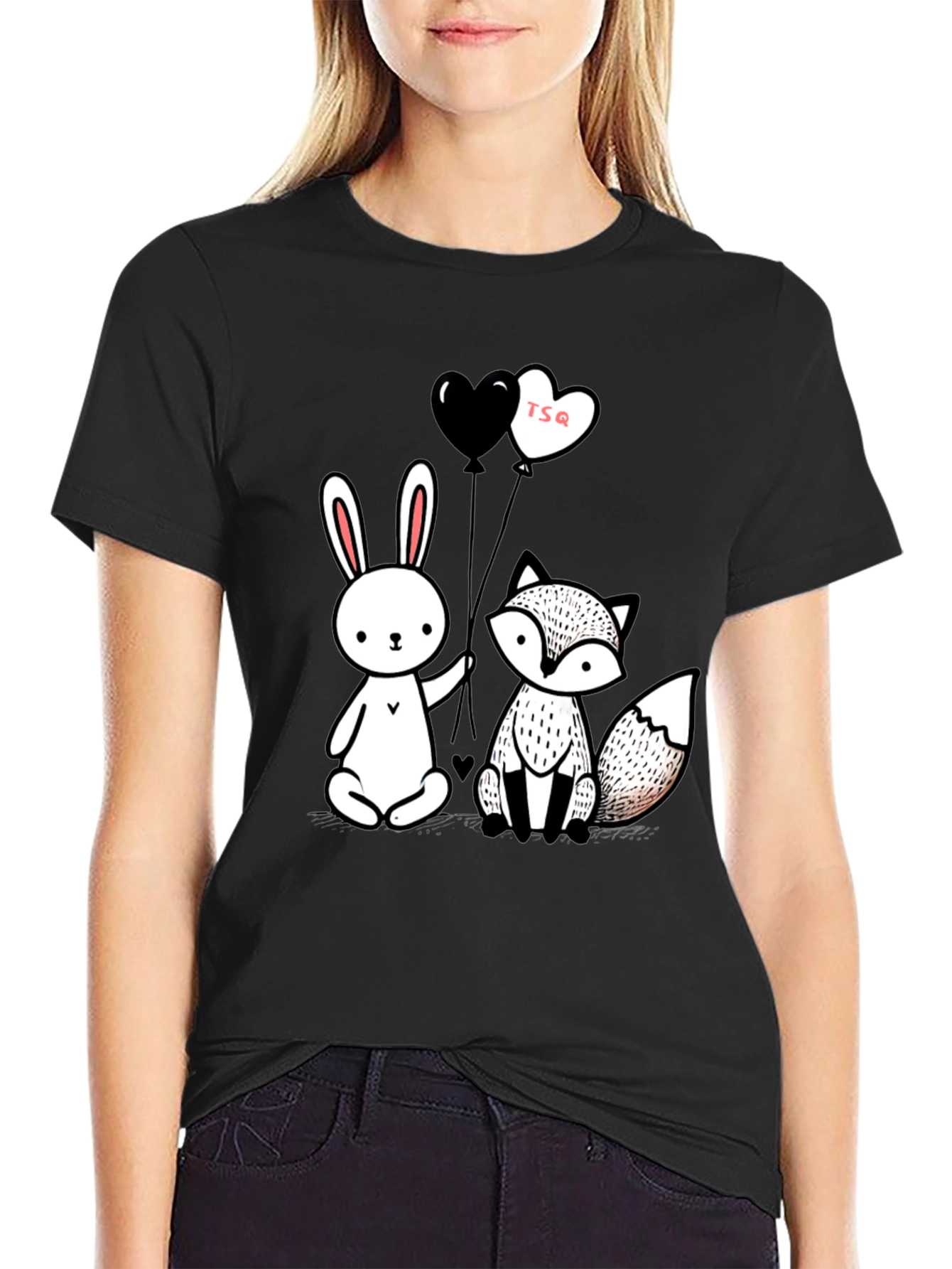 Cute Fox & Rabbit Graphic Tee - Heart Balloons