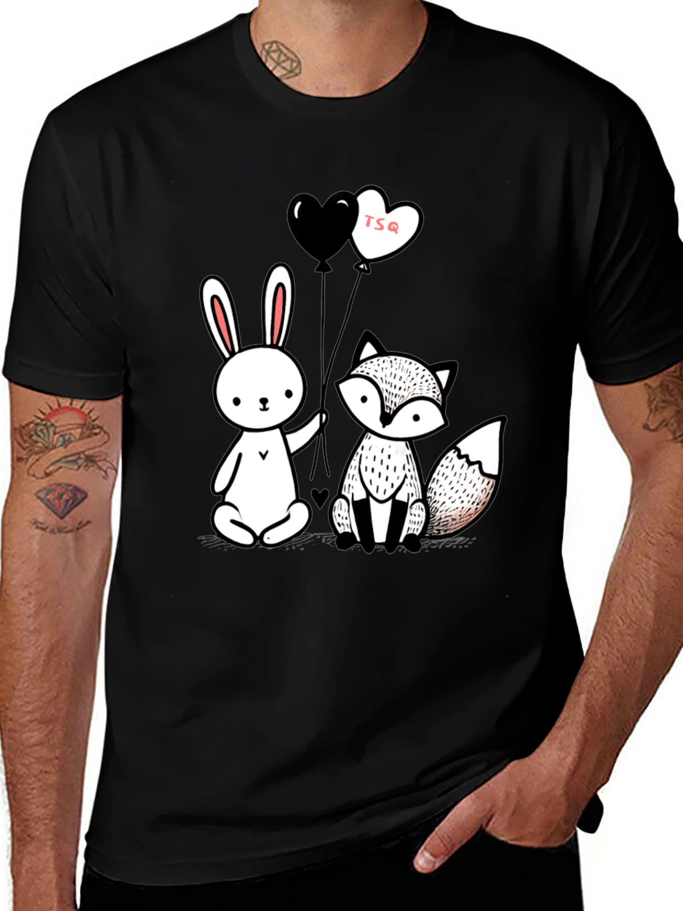 Cute Fox & Rabbit Graphic Tee - Heart Balloons