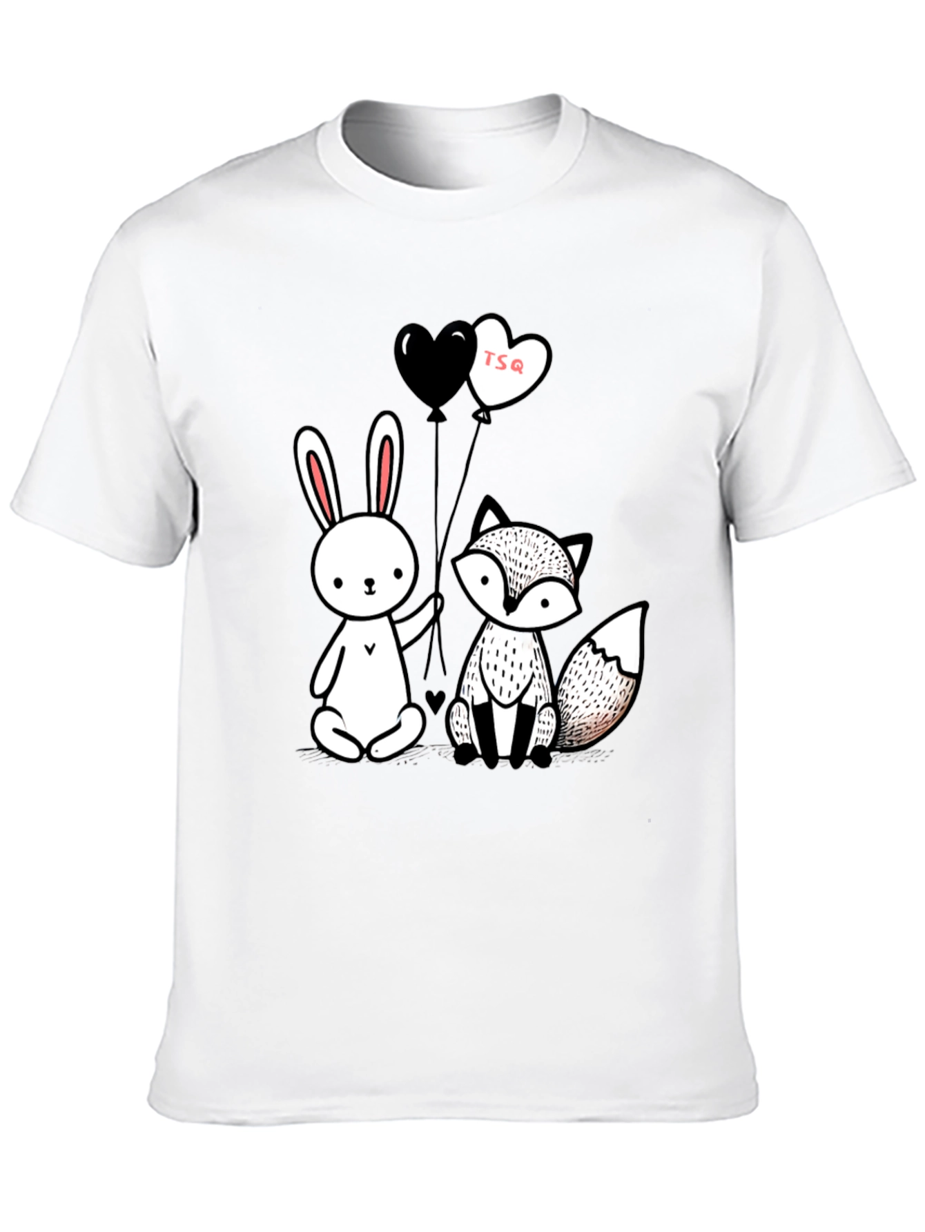 Cute Fox & Rabbit Graphic Tee - Heart Balloons