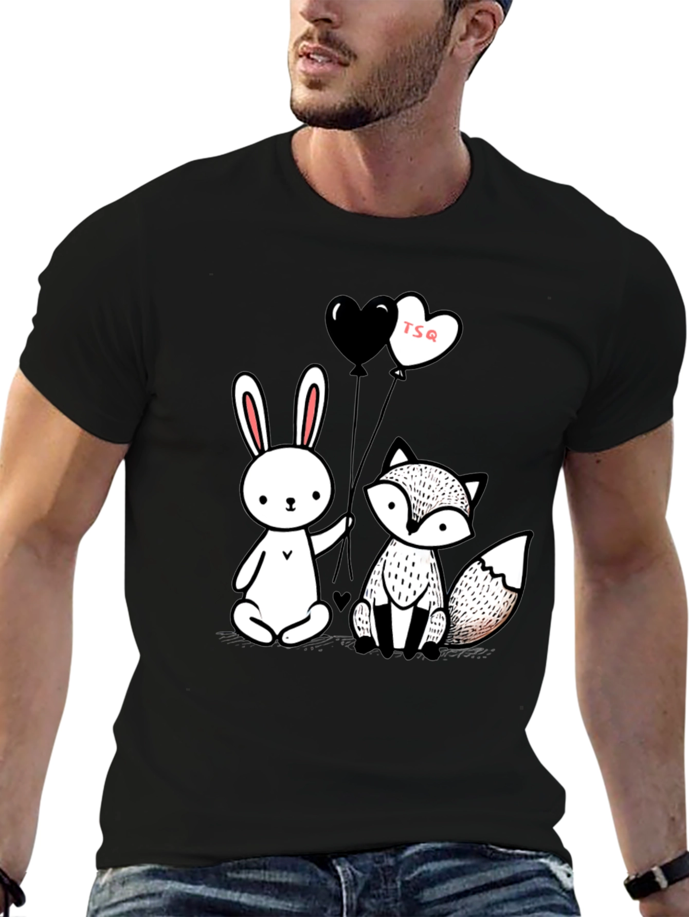 Cute Fox & Rabbit Graphic Tee - Heart Balloons
