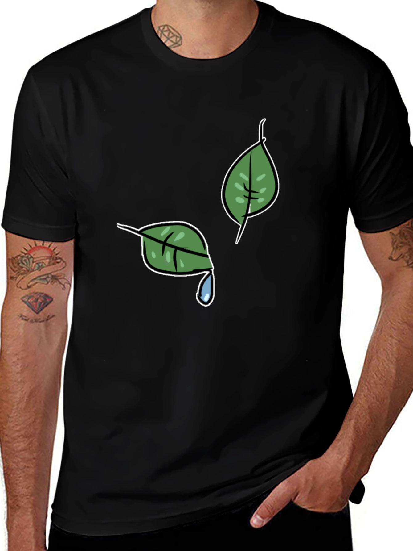 Nature-Themed Black T-Shirt with Leaf Graphic