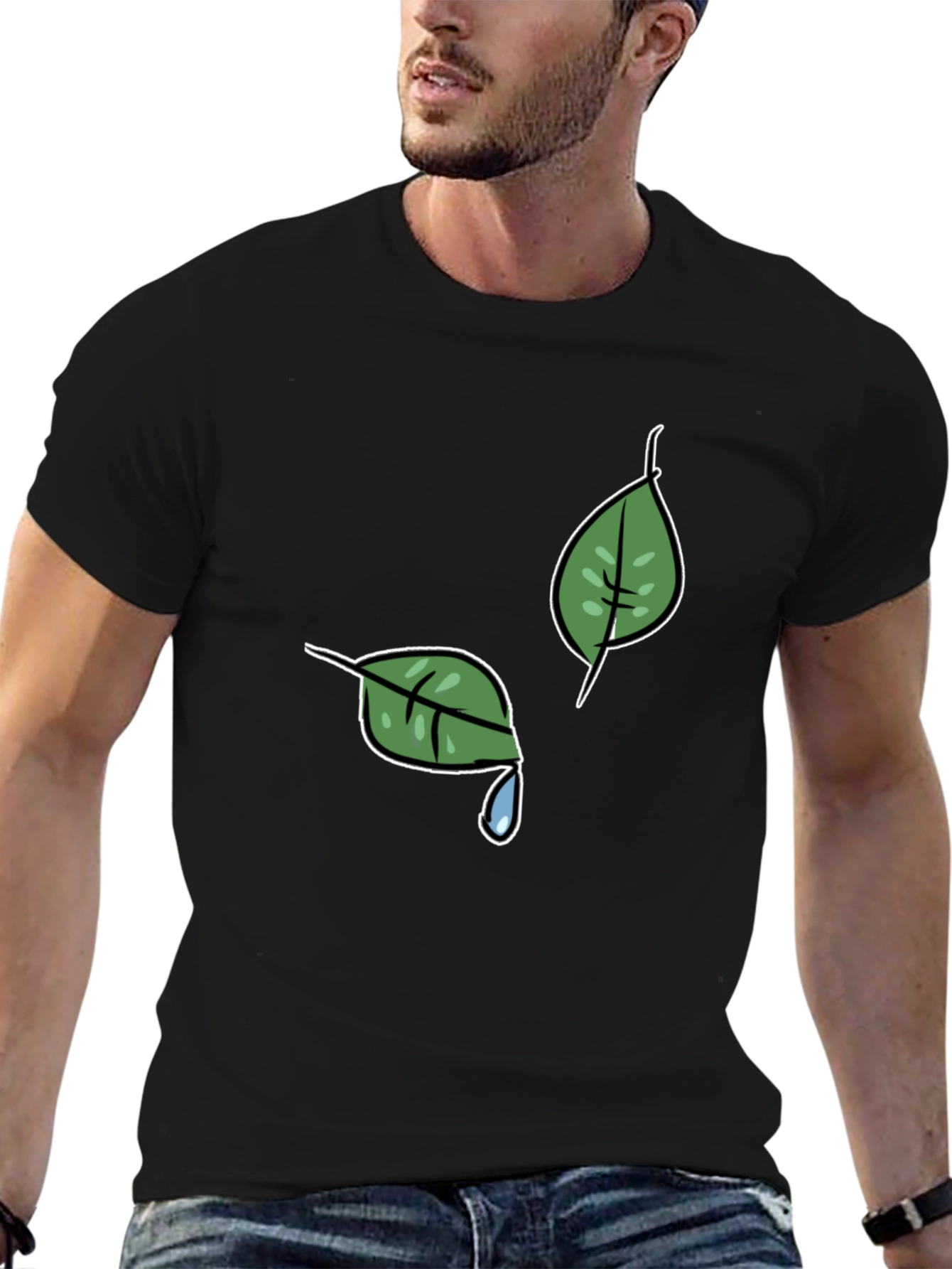 Nature-Themed Black T-Shirt with Leaf Graphic