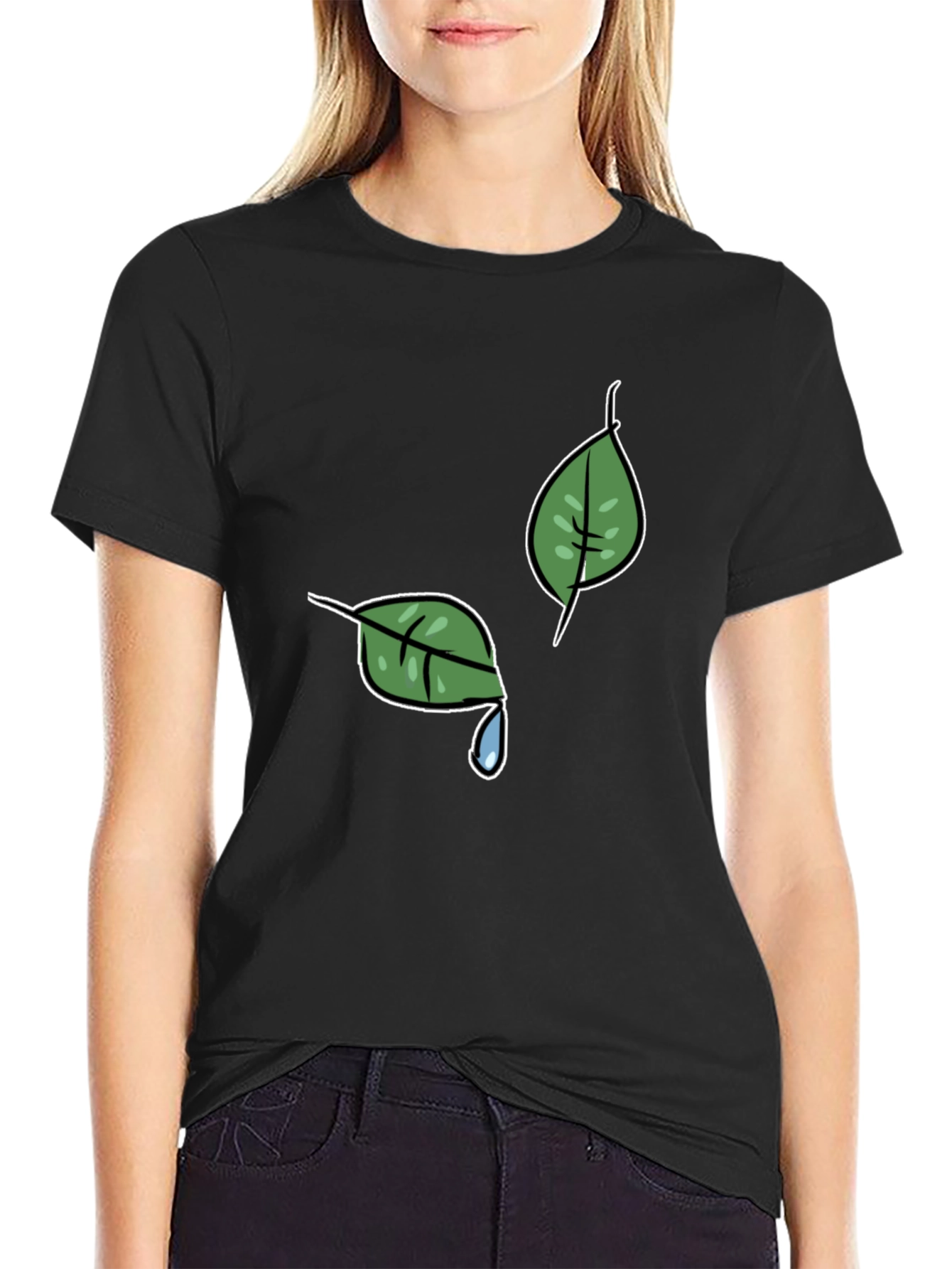 Nature-Themed Black T-Shirt with Leaf Graphic
