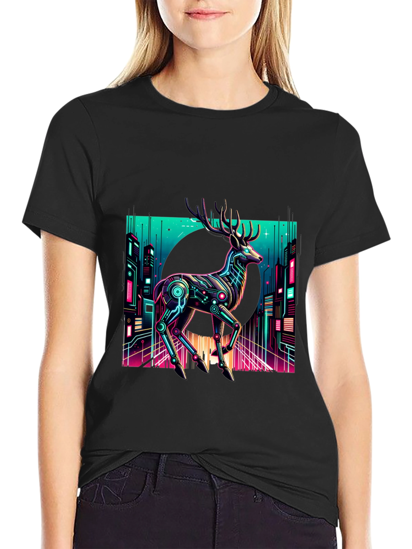 Cyberpunk Deer Graphic Tee - Black