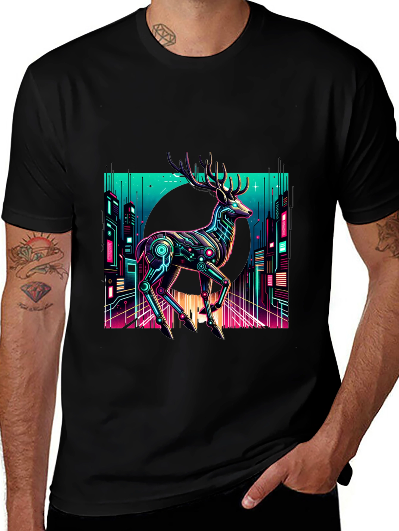 Cyberpunk Deer Graphic Tee - Black