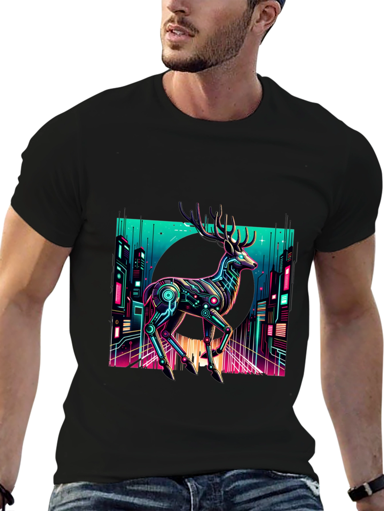 Cyberpunk Deer Graphic Tee - Black