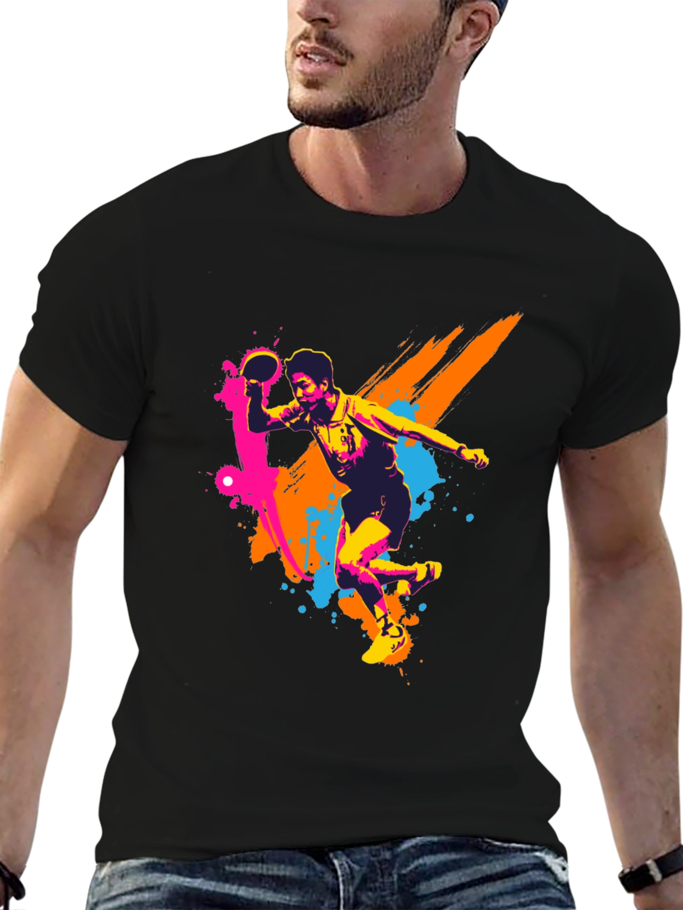 Ping Pong Player Graphic Black T-Shirt