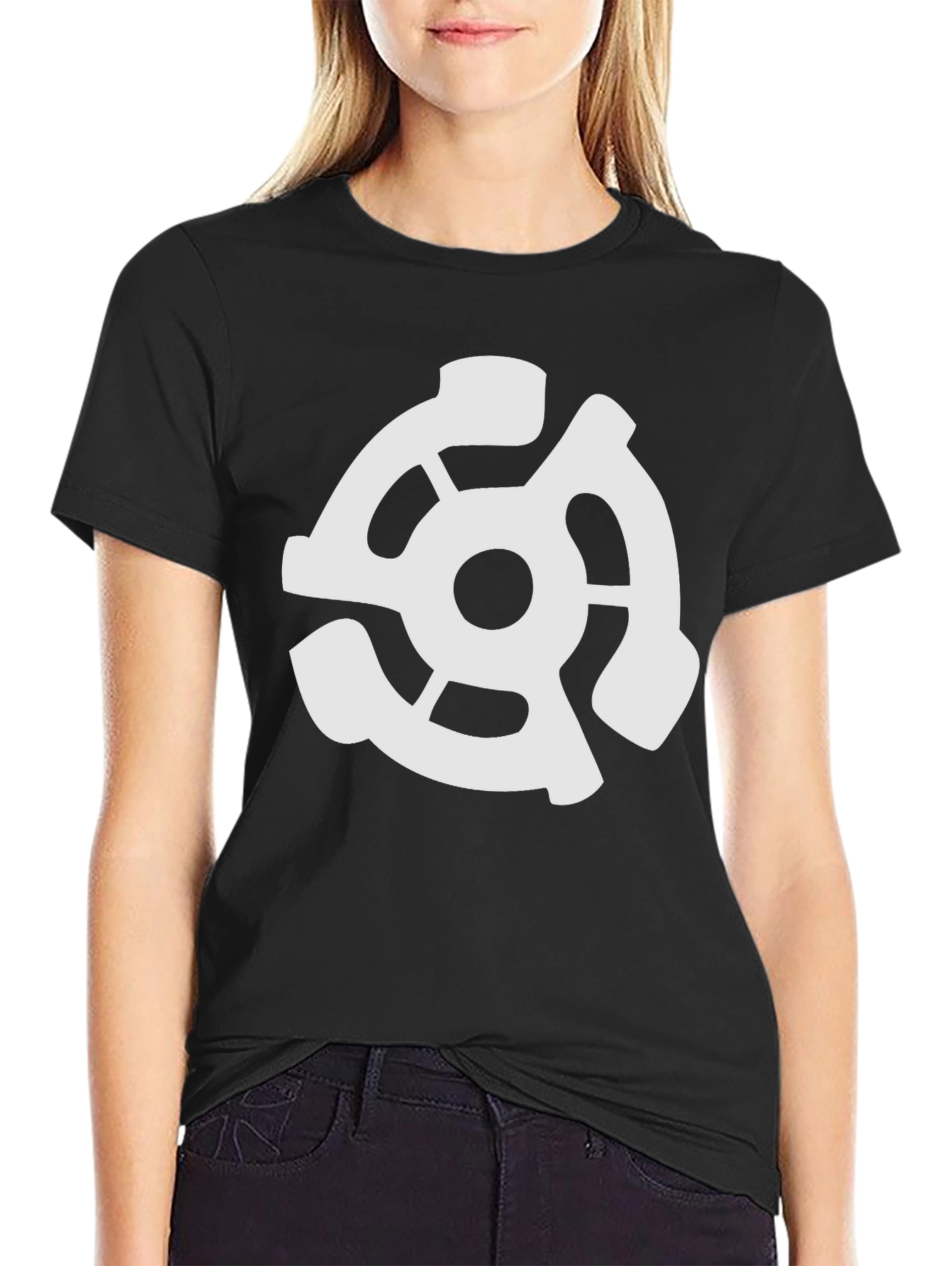 Black T-Shirt with White 45 RPM Adapter Graphic