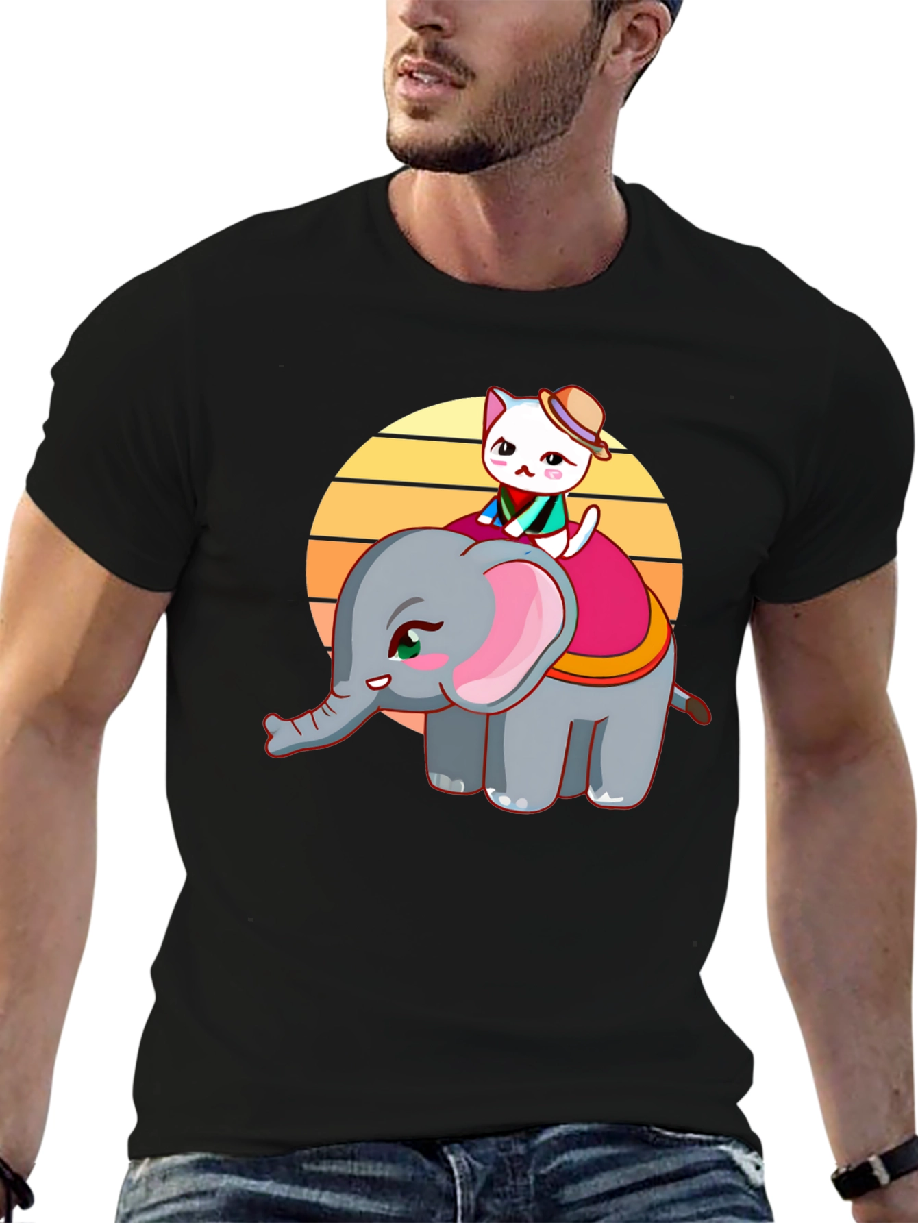 Cute Cartoon Graphic T-Shirt: Cat Riding Elephant