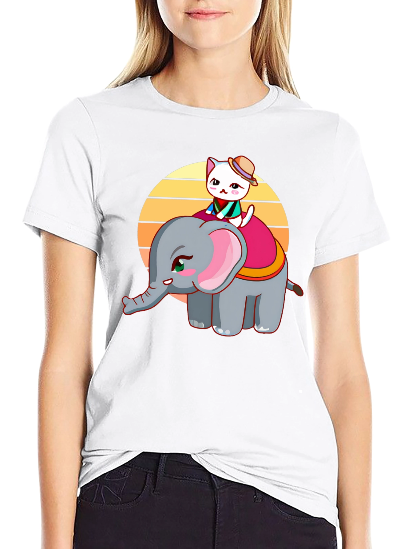 Cute Cartoon Graphic T-Shirt: Cat Riding Elephant