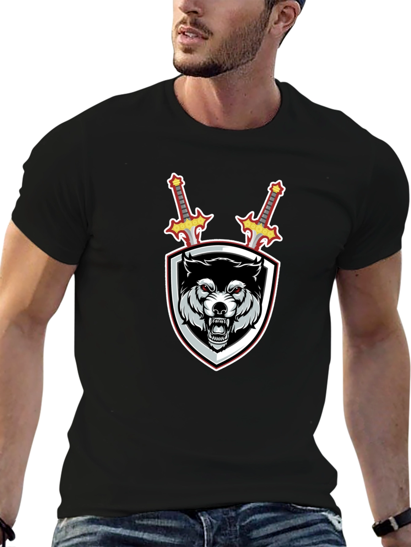 Wolf Shield Swords Graphic Black T-Shirt