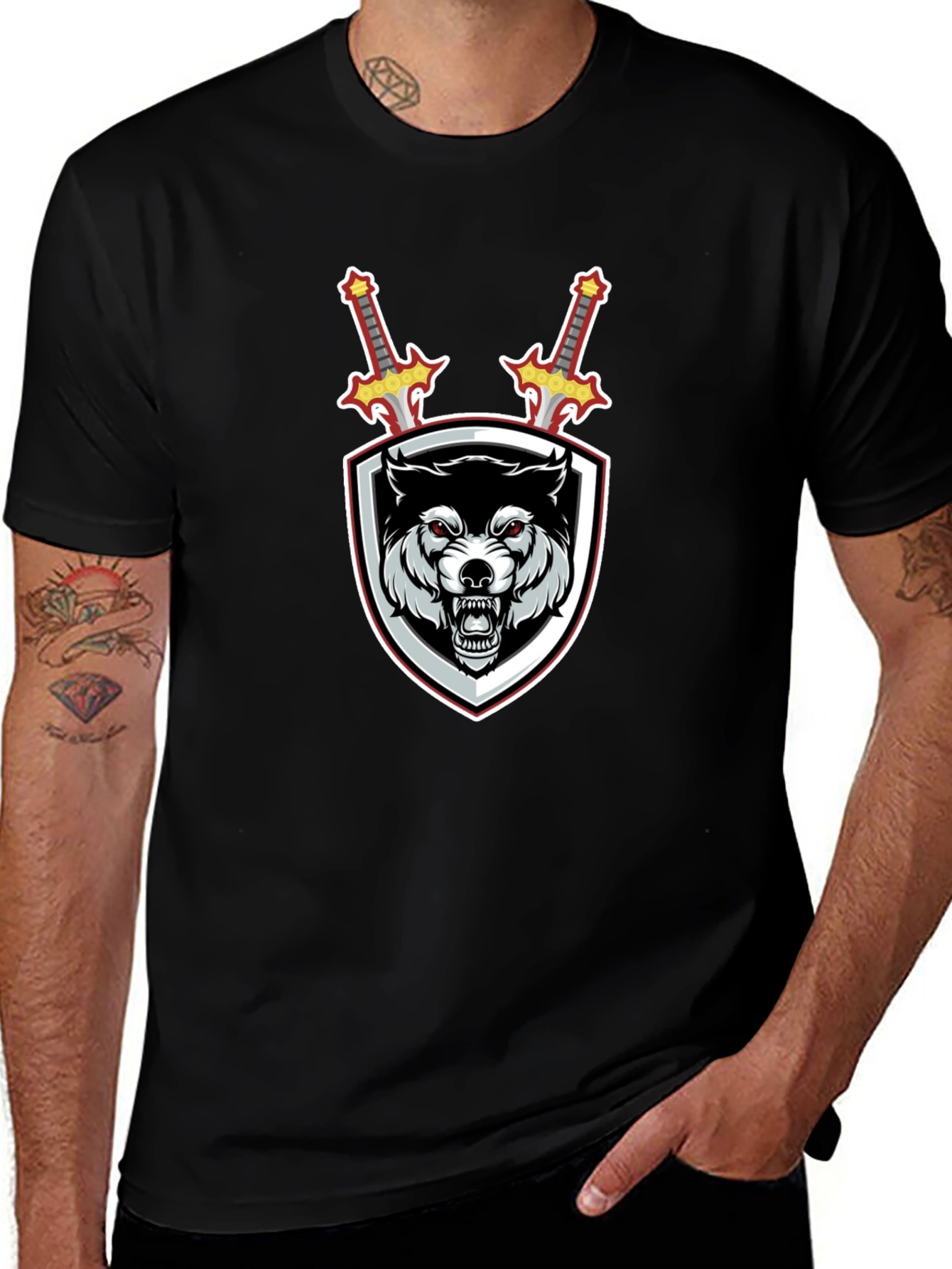 Wolf Shield Swords Graphic Black T-Shirt