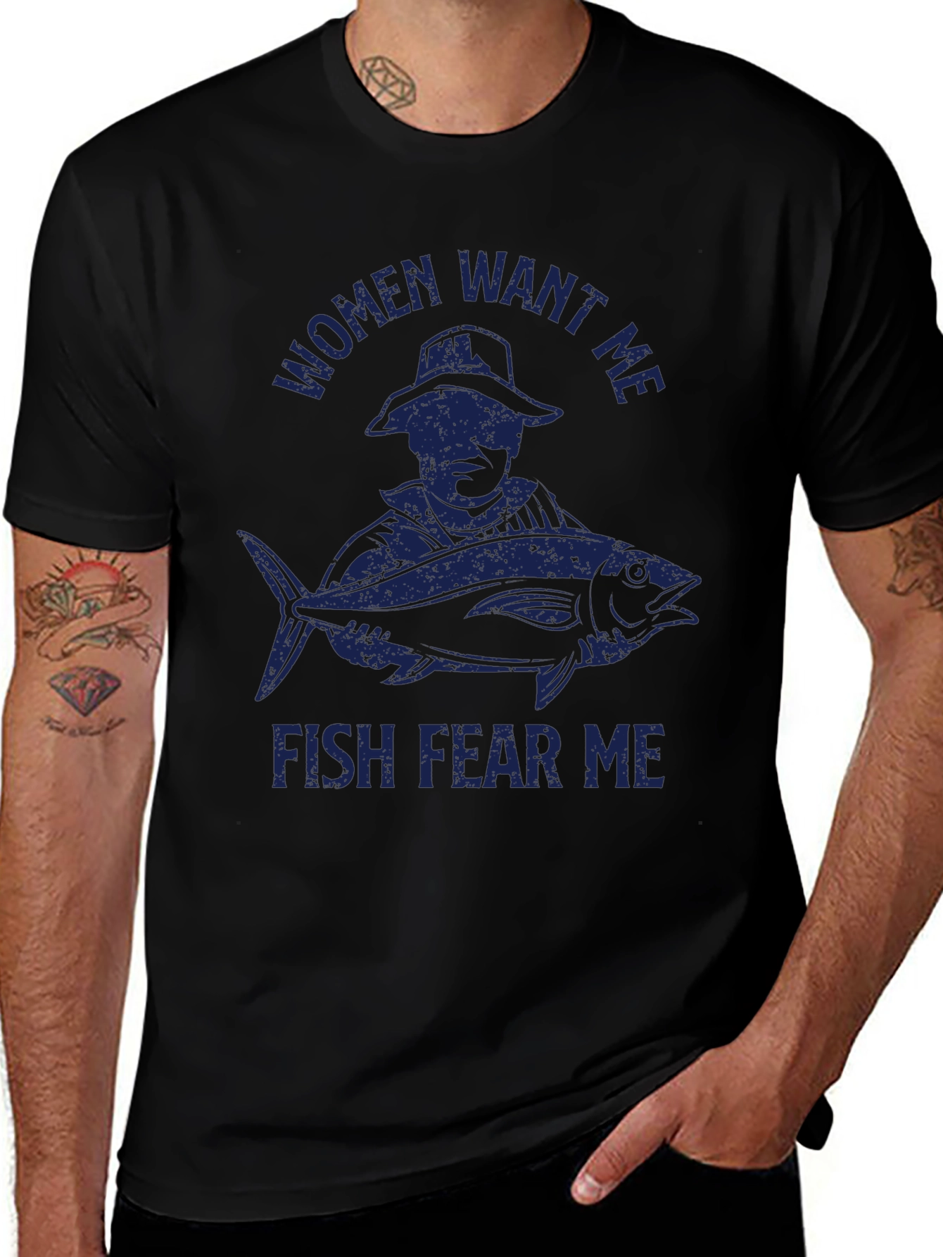 Mens Women Want Me Fish Fear Me Black T-Shirt