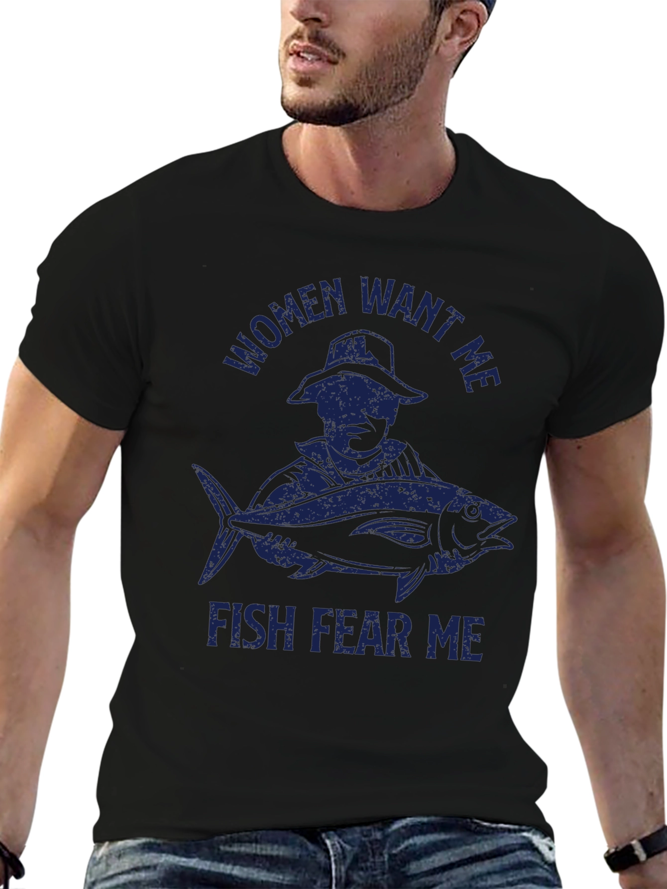 Mens Women Want Me Fish Fear Me Black T-Shirt