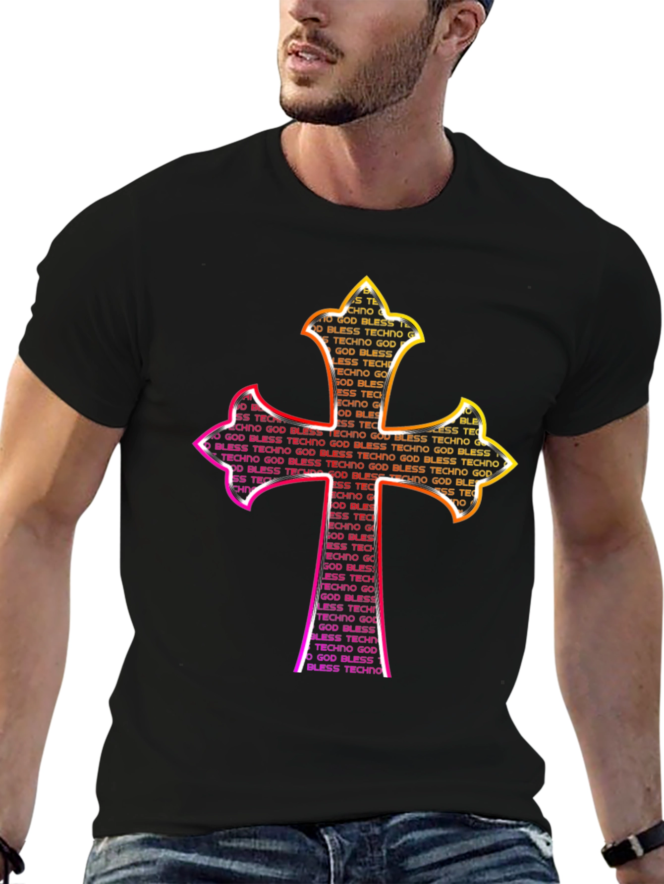 God Bless Techno Cross Graphic T-Shirt