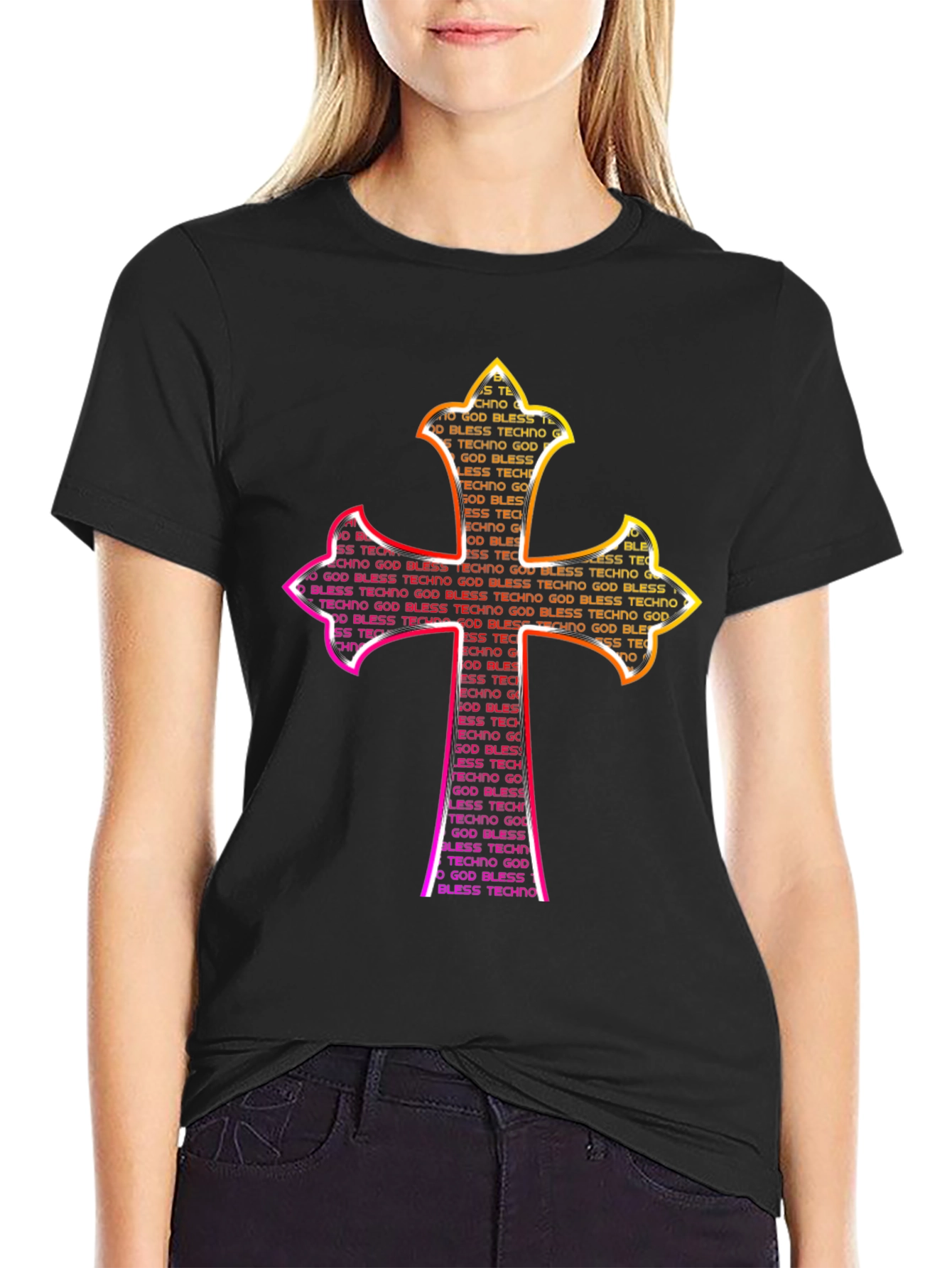 God Bless Techno Cross Graphic T-Shirt
