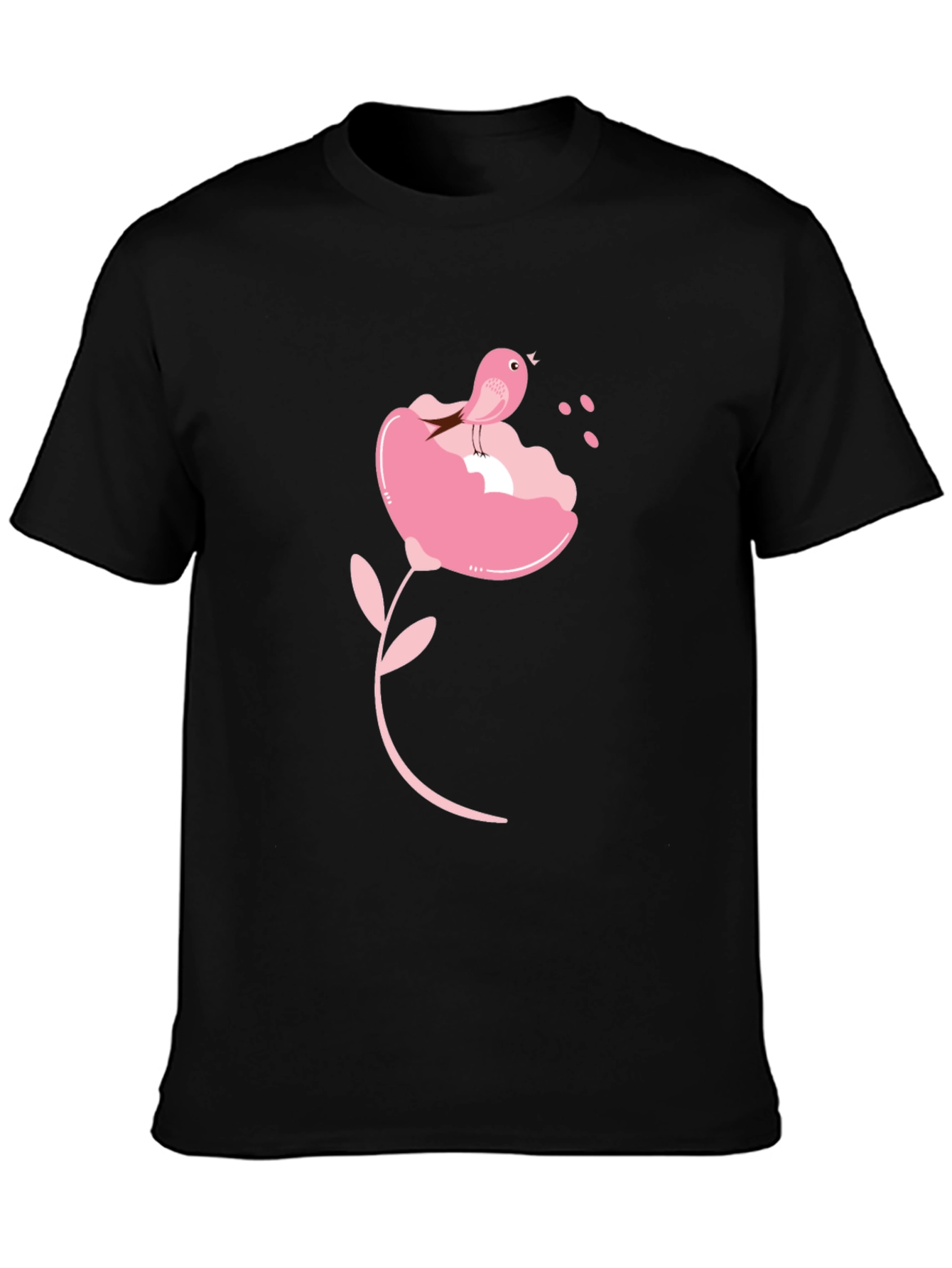 Black T-Shirt with Pink Bird and Flower Design
