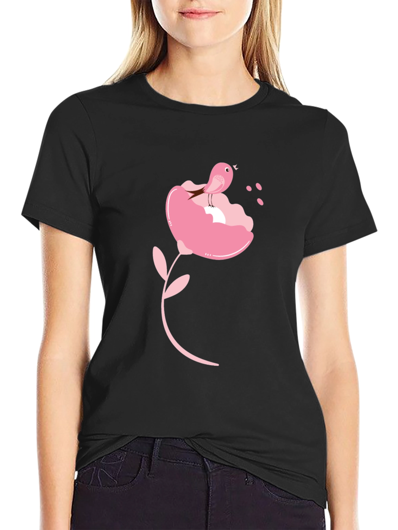 Black T-Shirt with Pink Bird and Flower Design