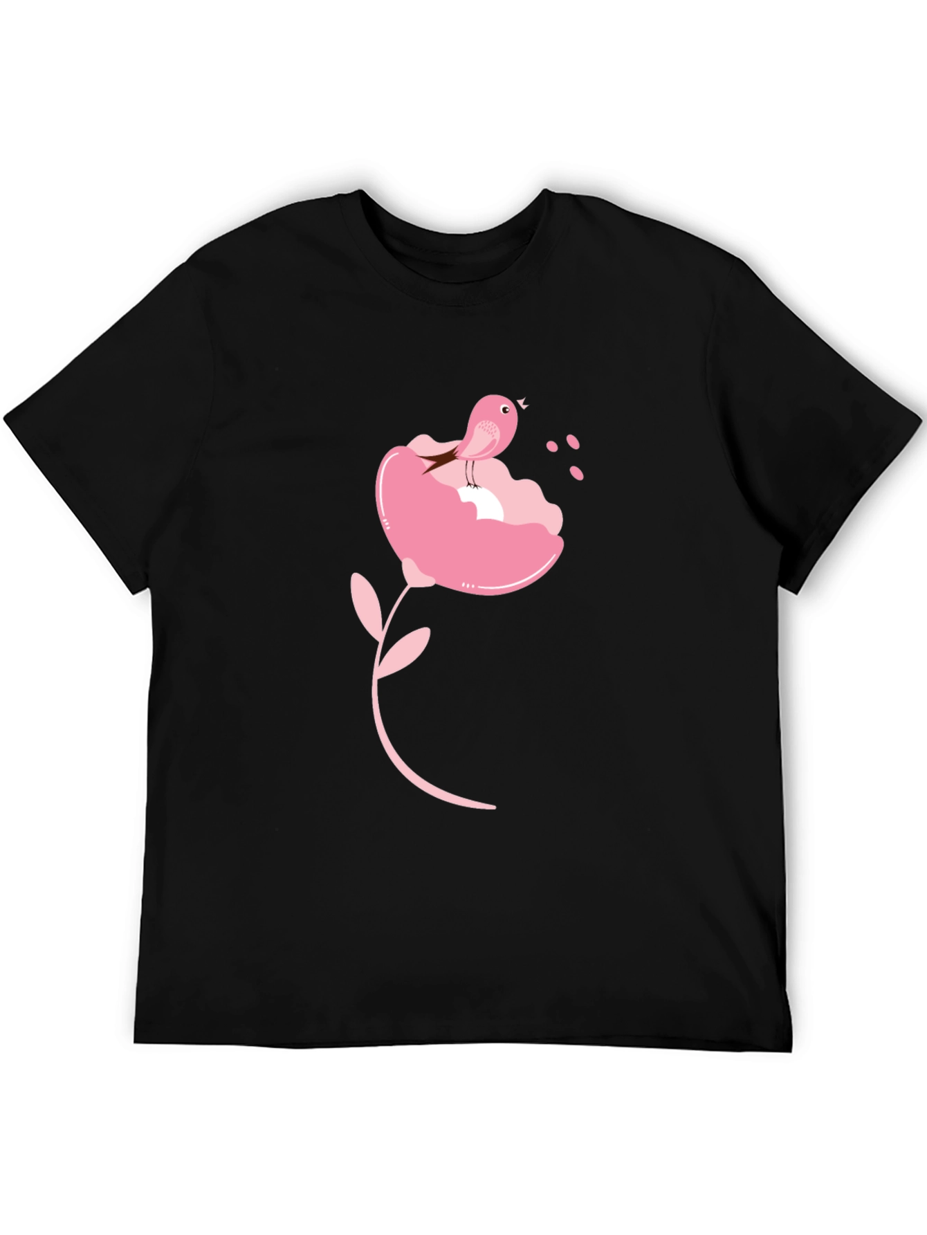 Black T-Shirt with Pink Bird and Flower Design