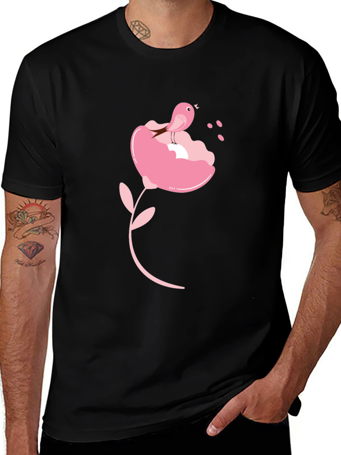 Black T-Shirt with Pink Bird and Flower Design