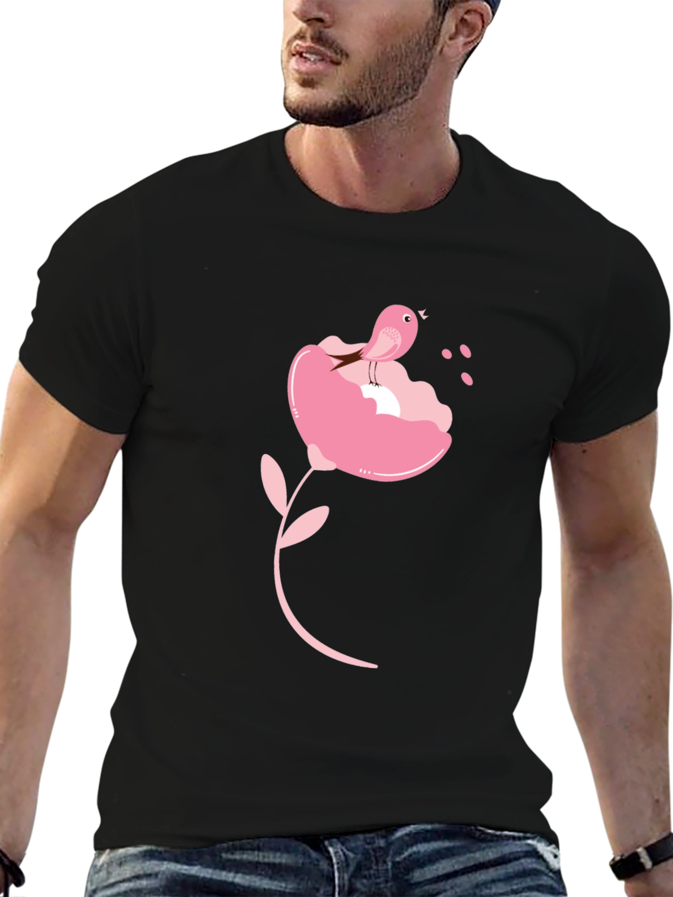 Black T-Shirt with Pink Bird and Flower Design