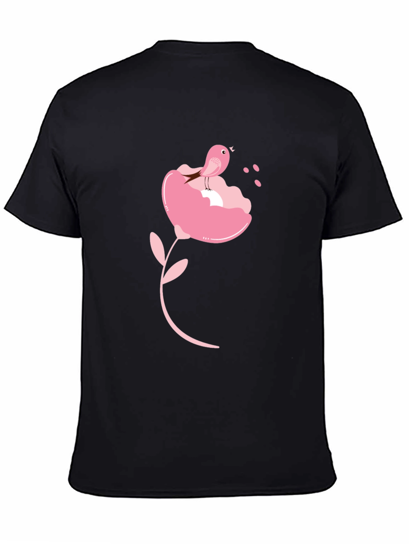 Black T-Shirt with Pink Bird and Flower Design