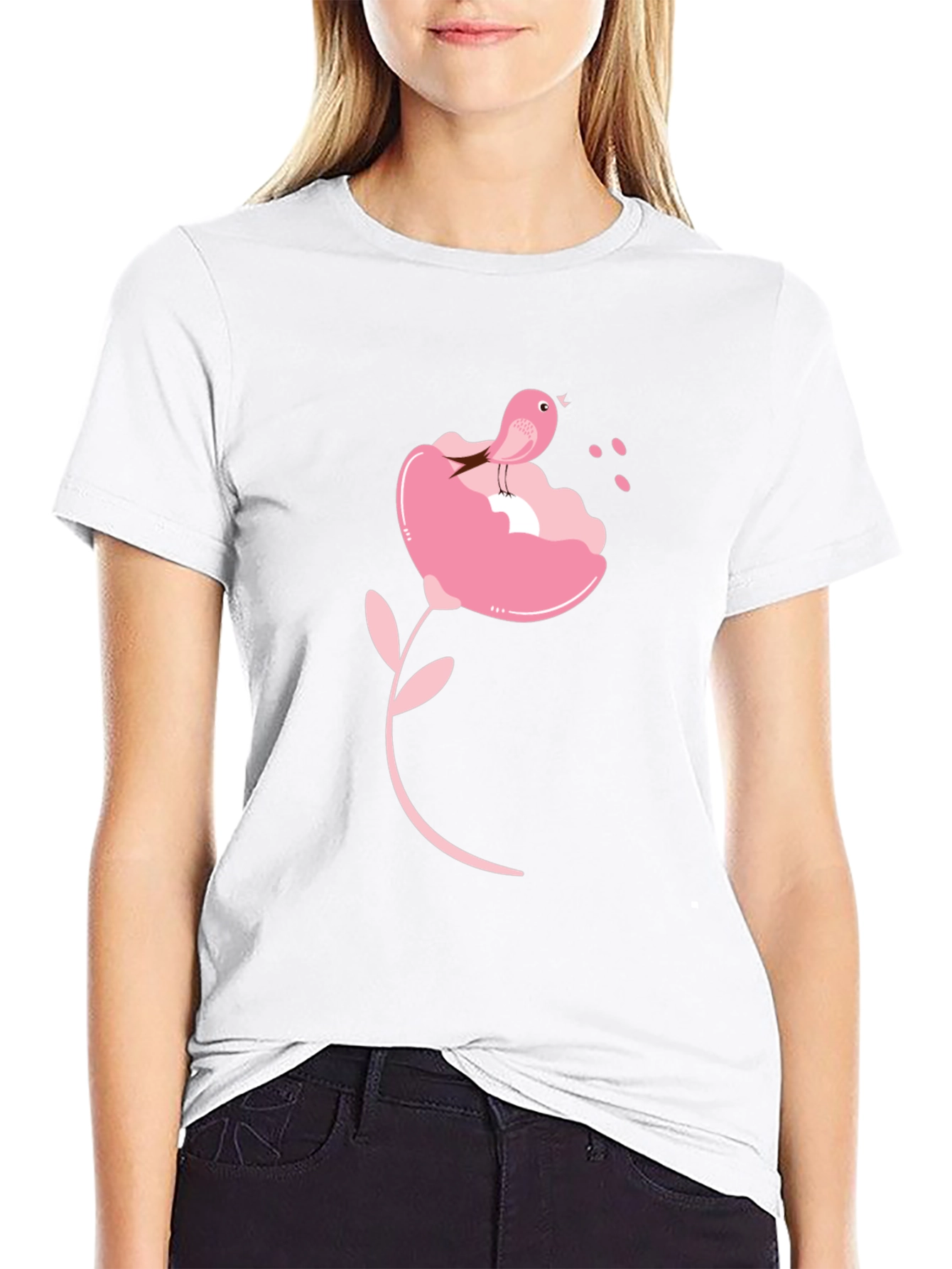 Black T-Shirt with Pink Bird and Flower Design