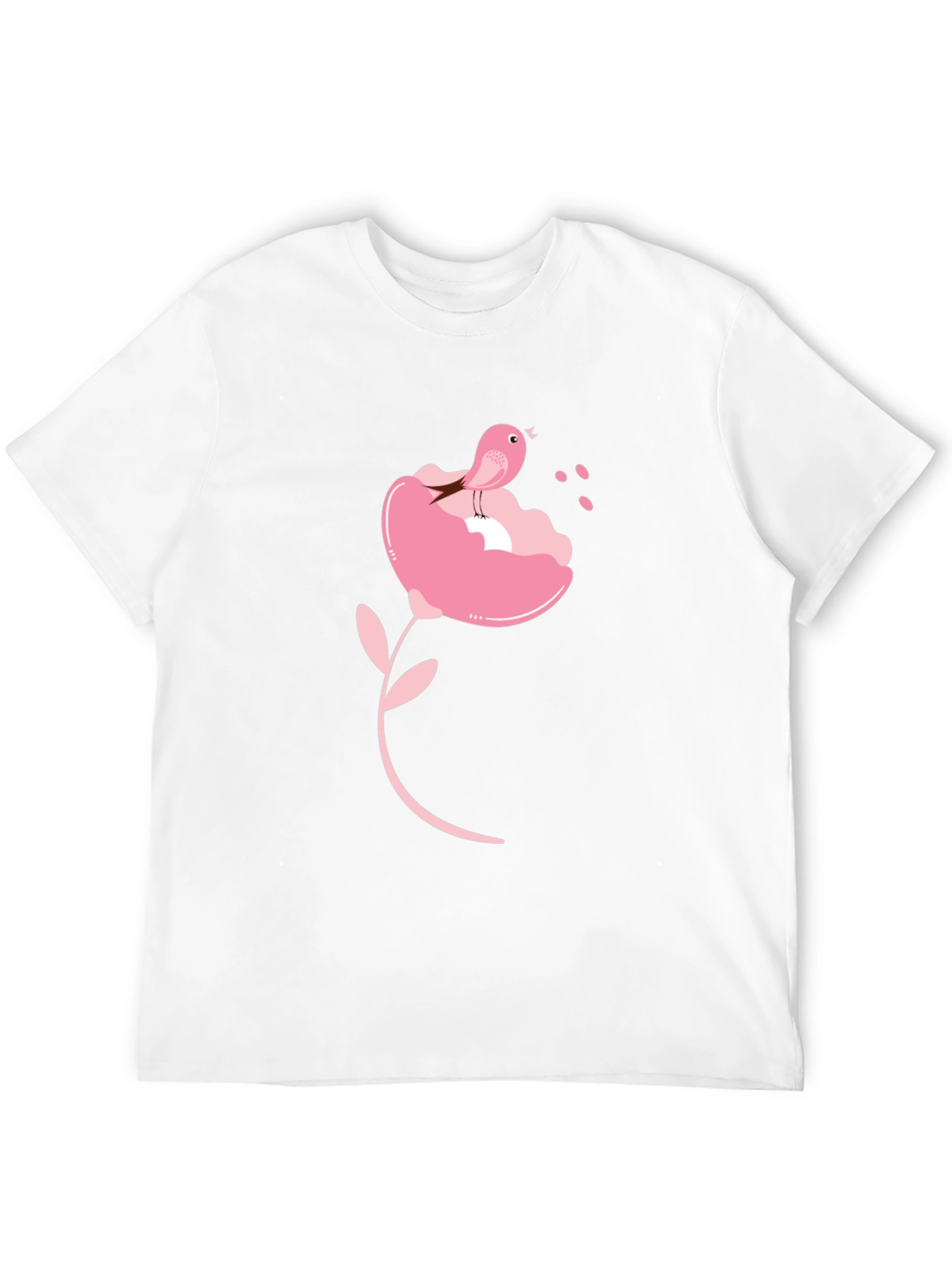 Black T-Shirt with Pink Bird and Flower Design
