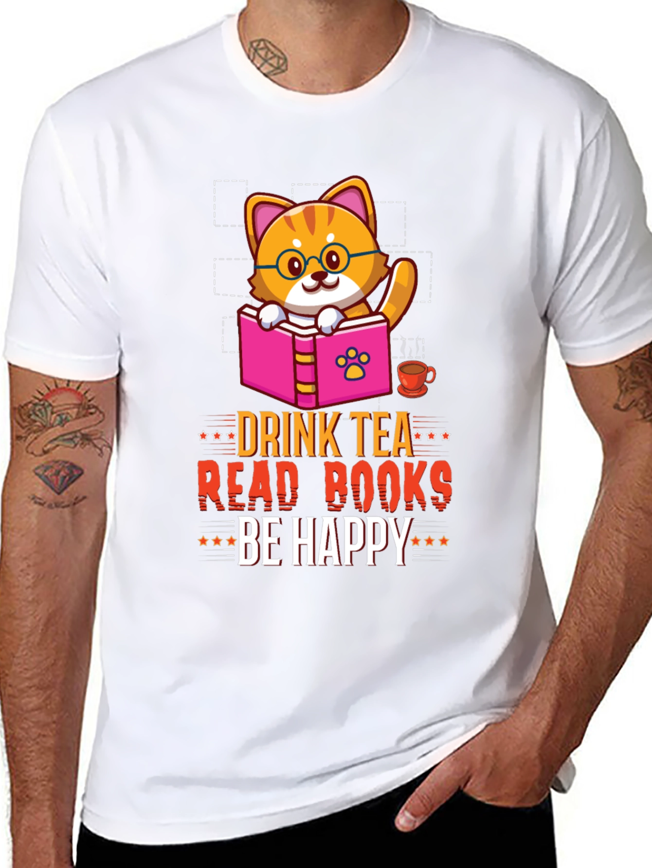 Drink Tea Read Books Be Happy Cat T-Shirt