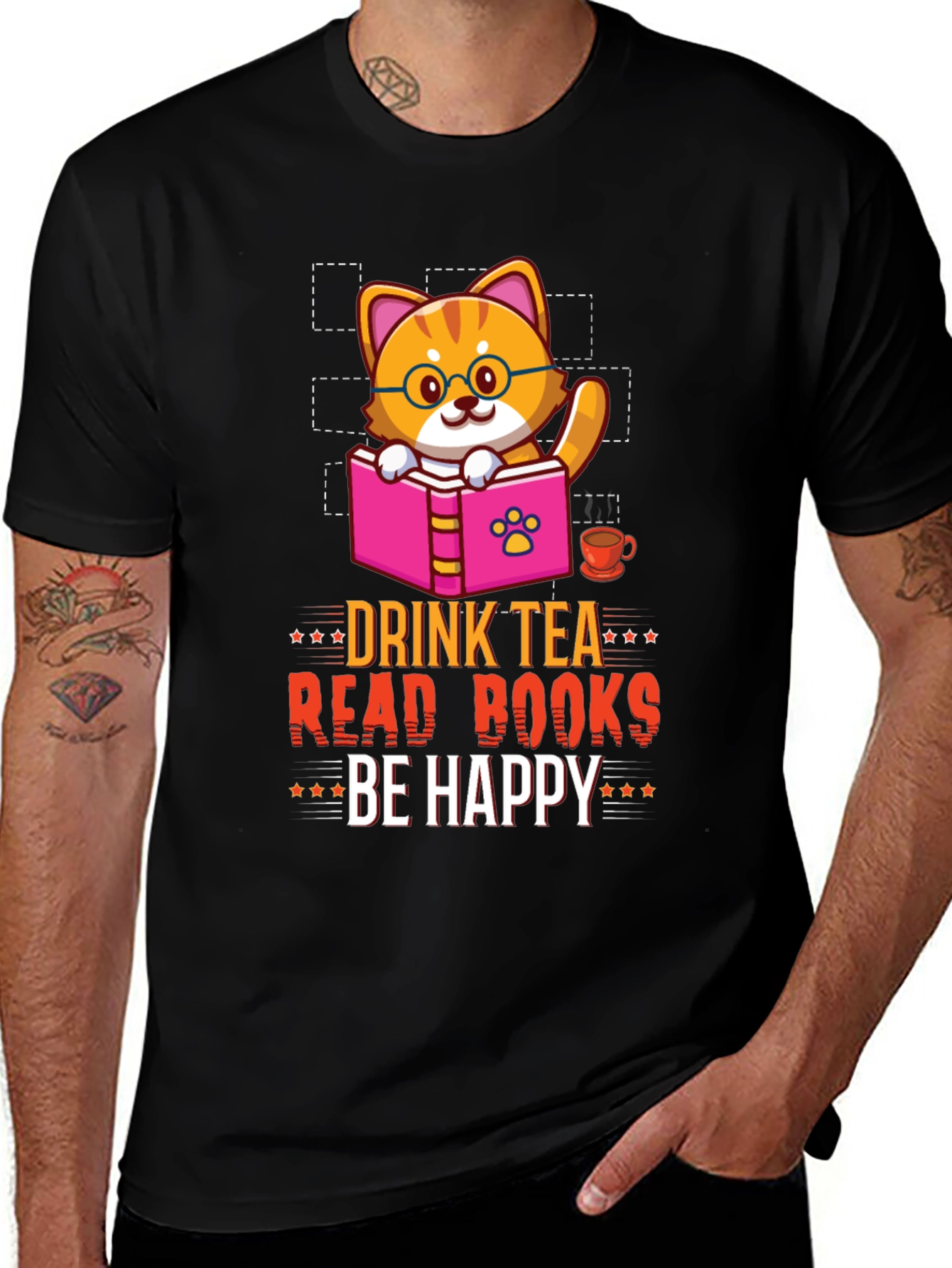 Drink Tea Read Books Be Happy Cat T-Shirt
