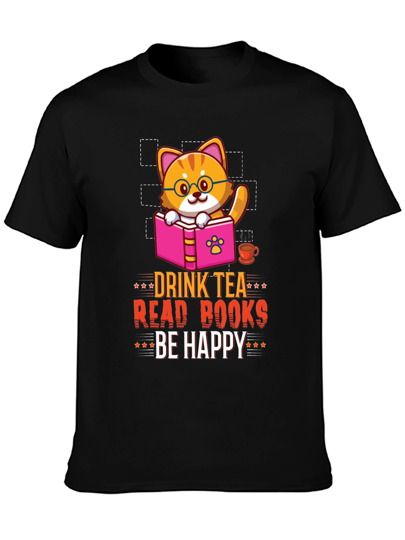 Drink Tea Read Books Be Happy Cat T-Shirt