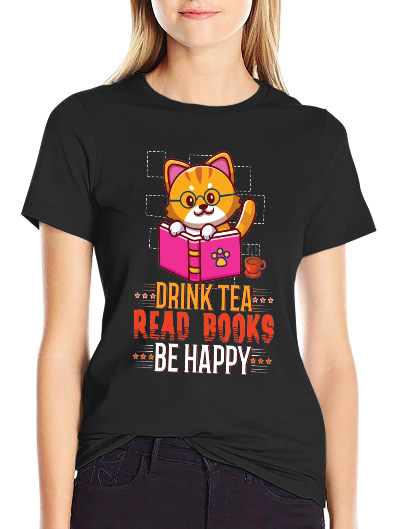 Drink Tea Read Books Be Happy Cat T-Shirt