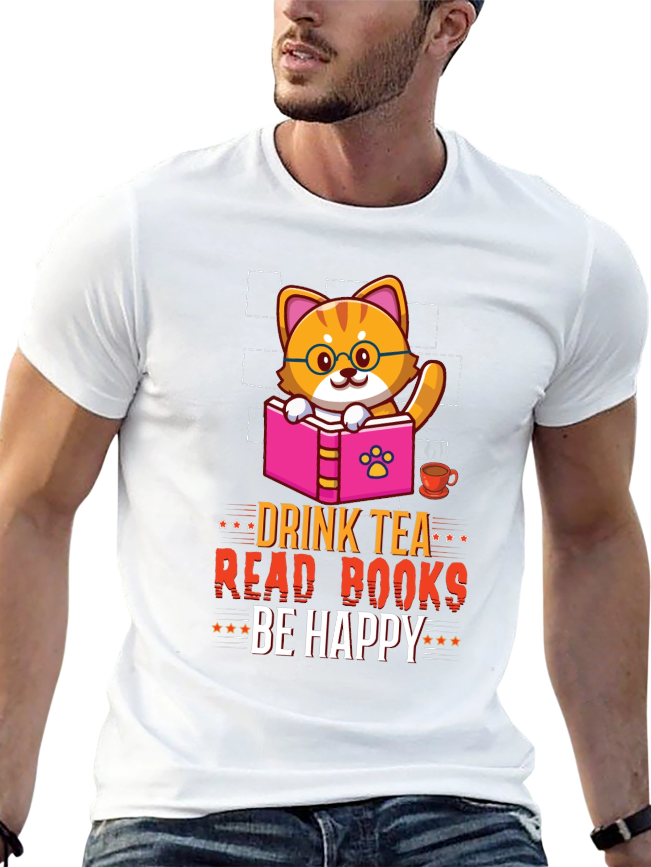 Drink Tea Read Books Be Happy Cat T-Shirt