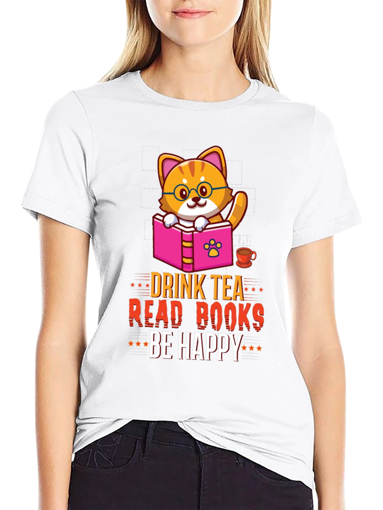 Drink Tea Read Books Be Happy Cat T-Shirt