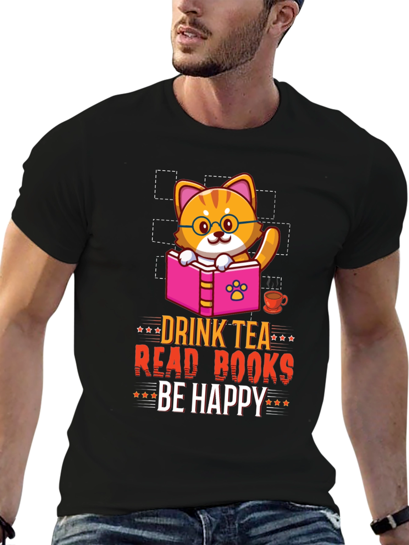 Drink Tea Read Books Be Happy Cat T-Shirt