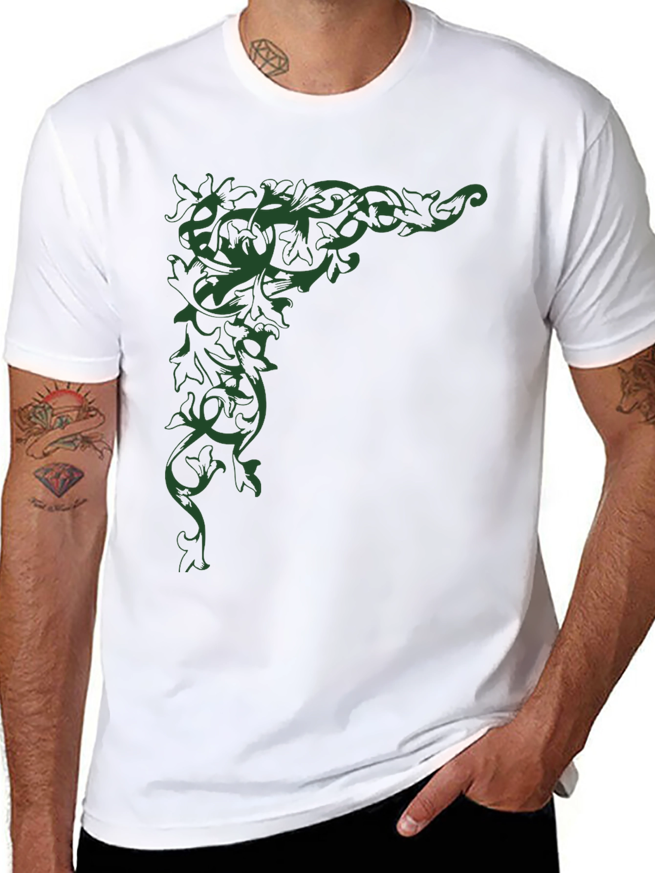 Elegant Leaf Vine Graphic Black T-Shirt