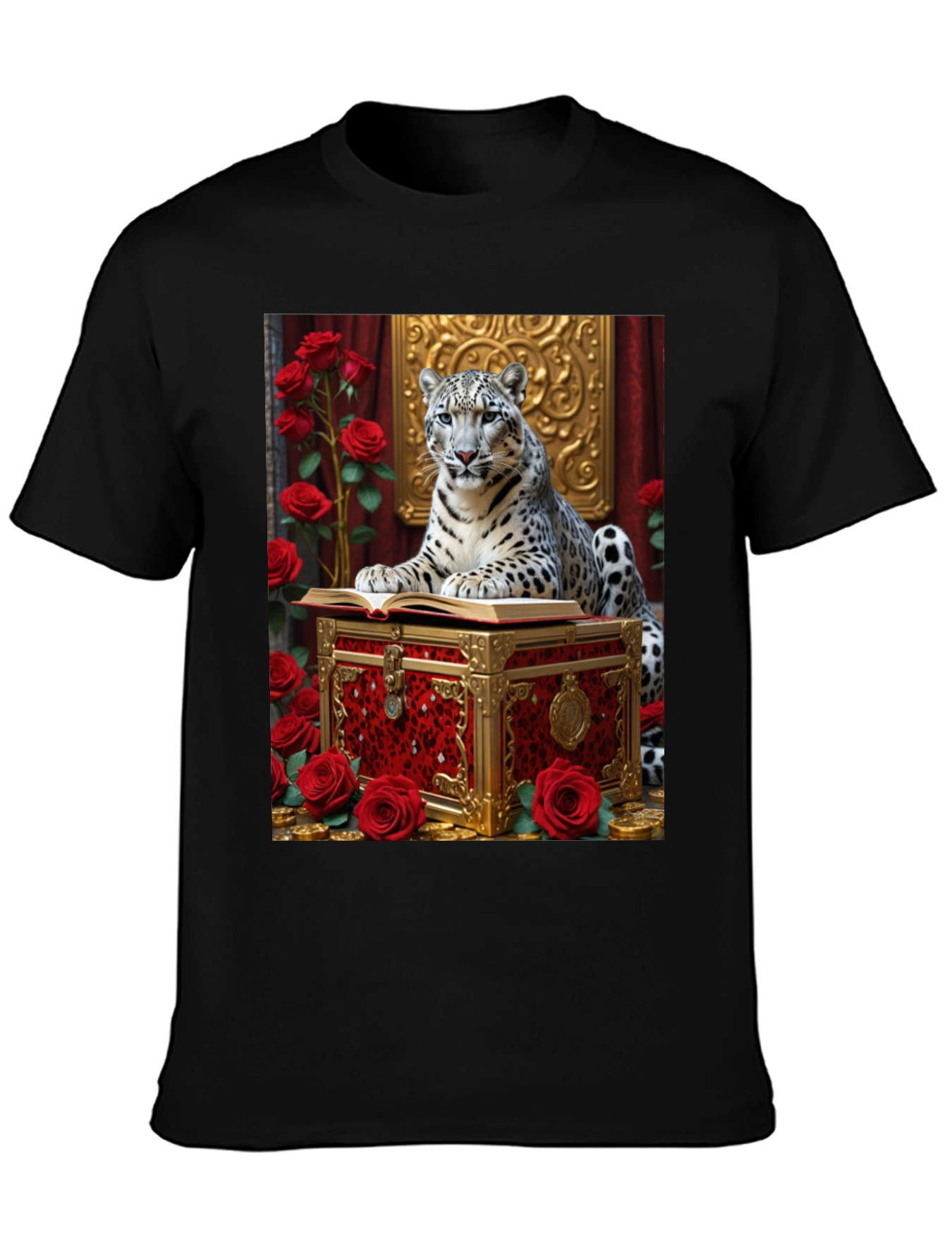 Snow Leopard Roses Chest Black Graphic Tee