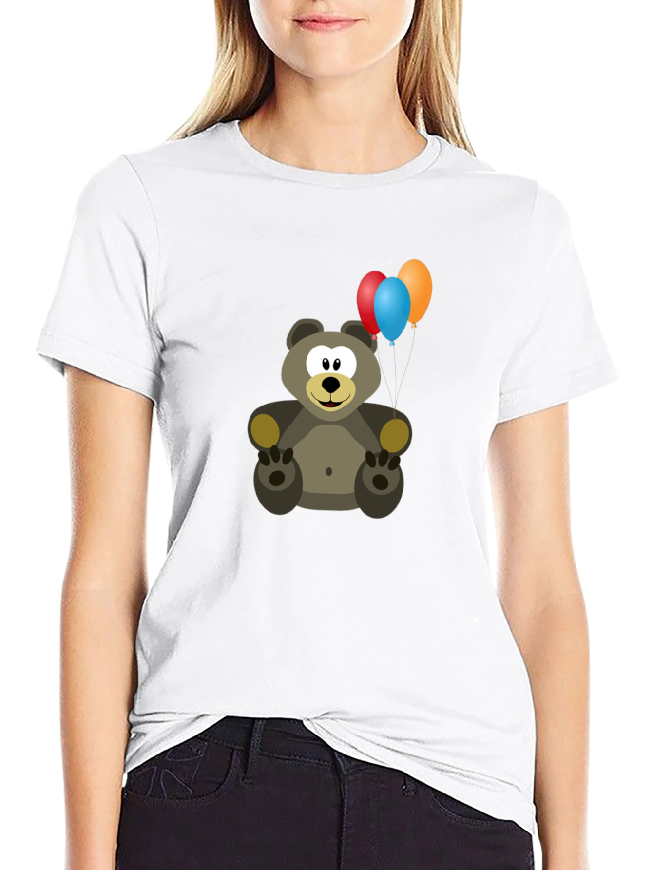 Cute Bear with Balloons Graphic Tee - Black