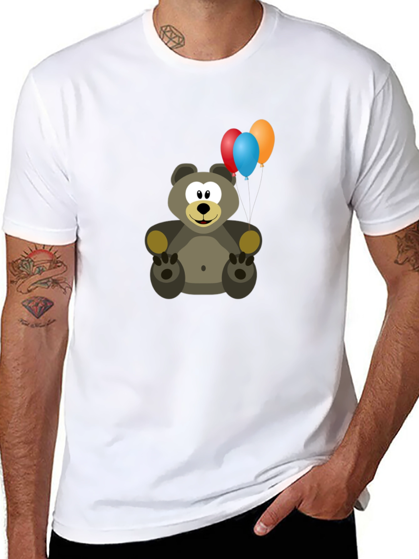 Cute Bear with Balloons Graphic Tee - Black