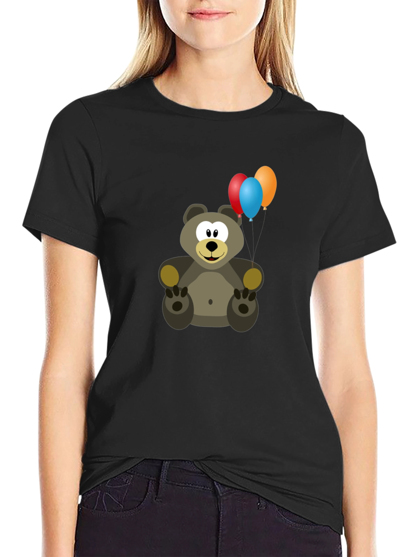 Cute Bear with Balloons Graphic Tee - Black