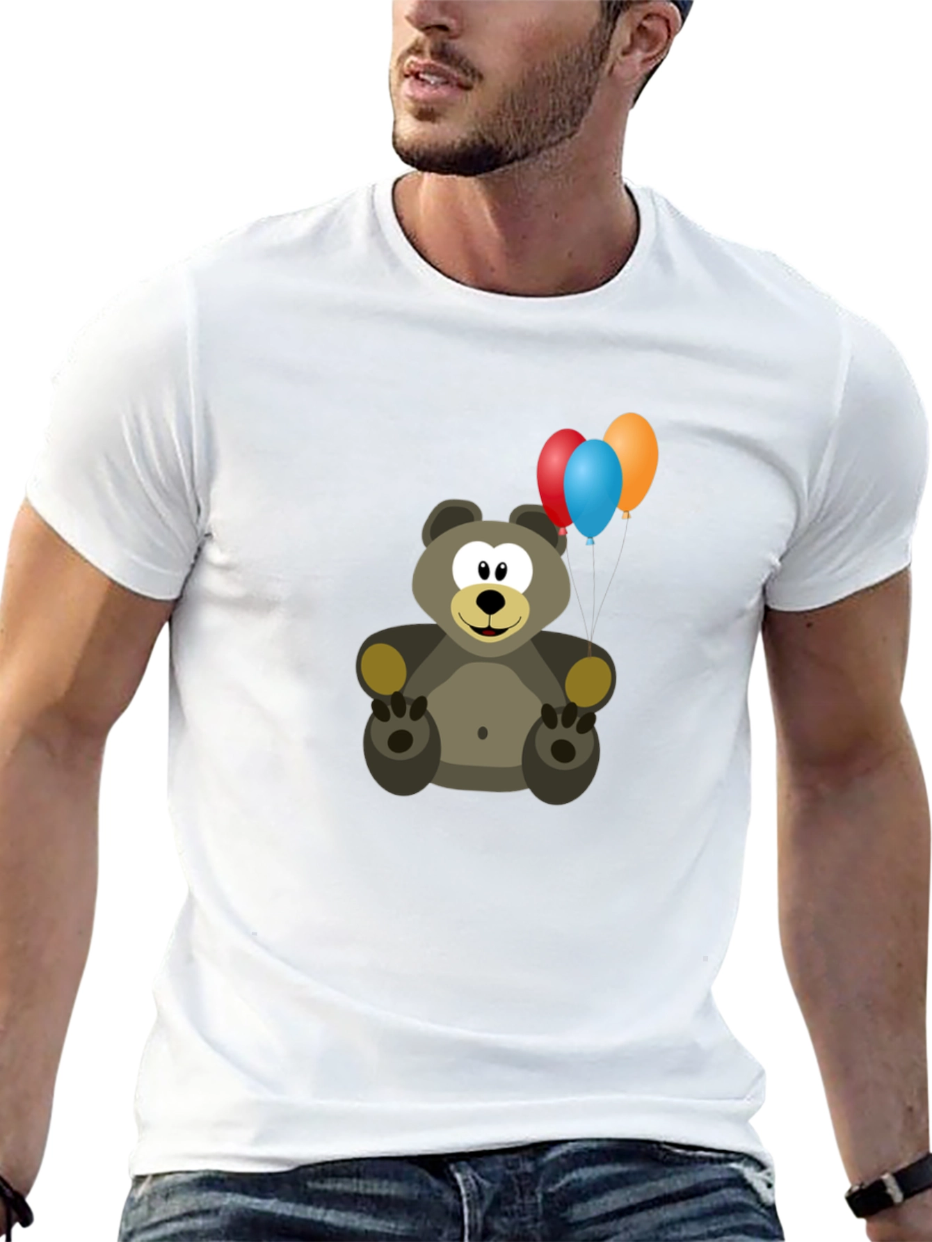Cute Bear with Balloons Graphic Tee - Black