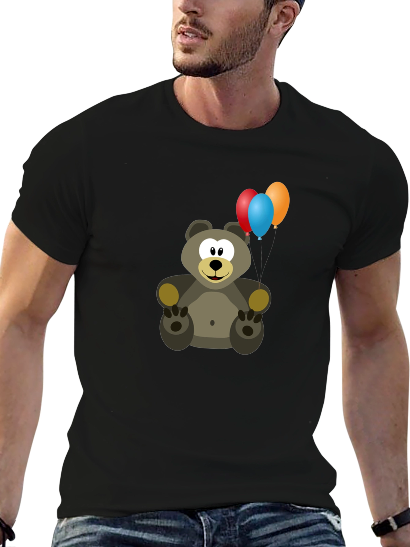 Cute Bear with Balloons Graphic Tee - Black