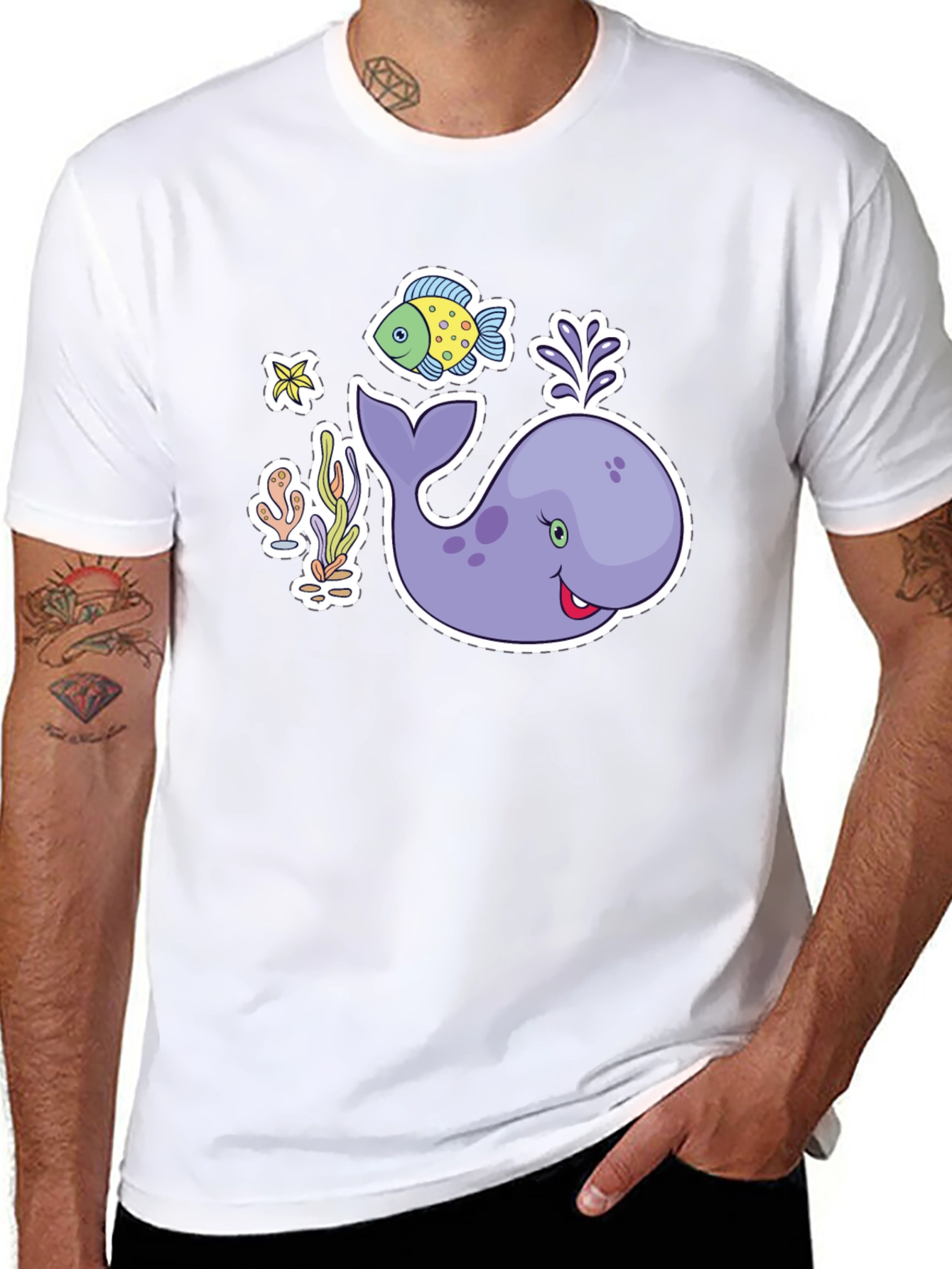 Cute Whale & Fish Graphic Black T-Shirt