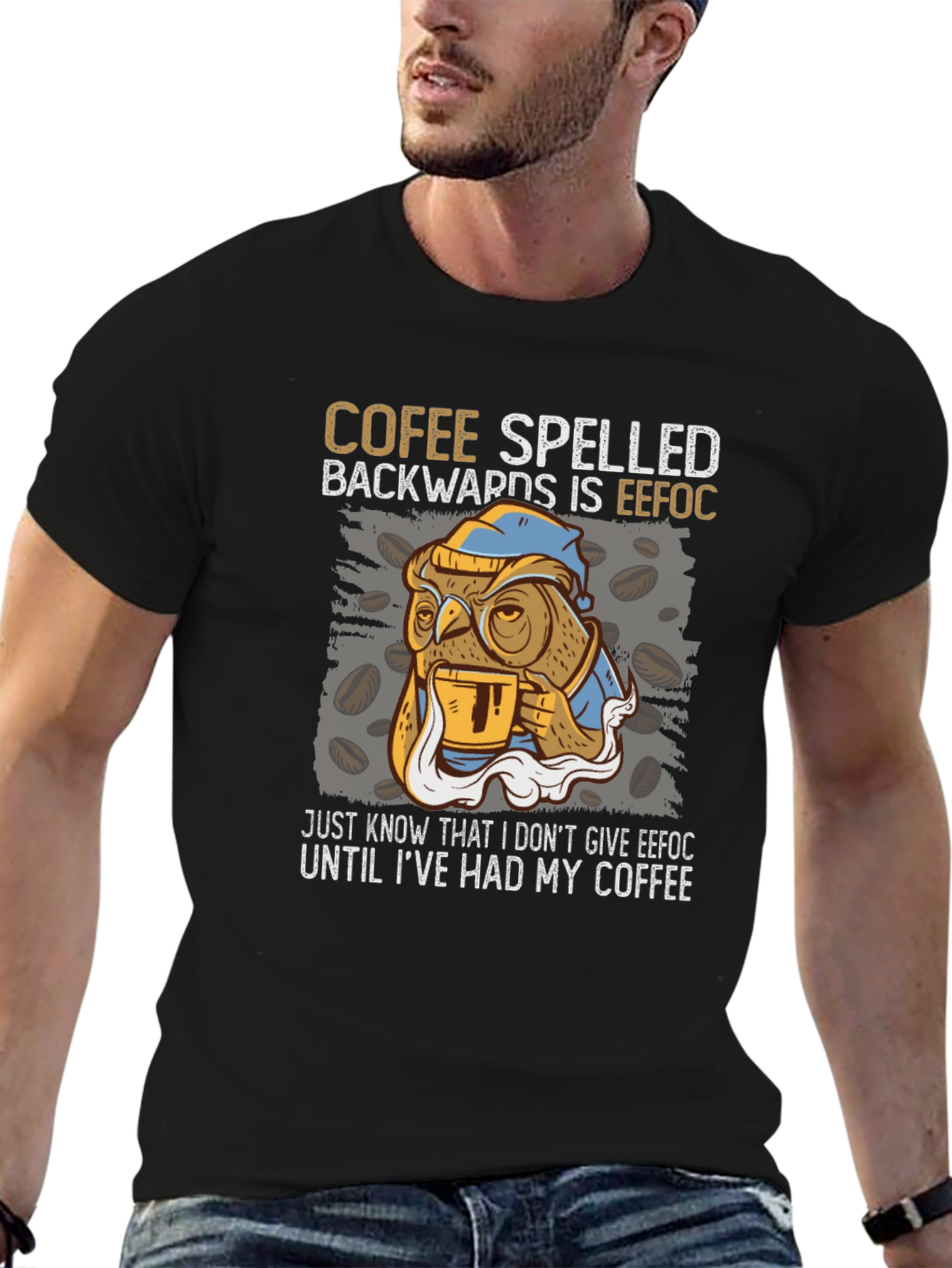 Coffee Owl T-Shirt - Cofee Spelled Backwards Novelty Tee